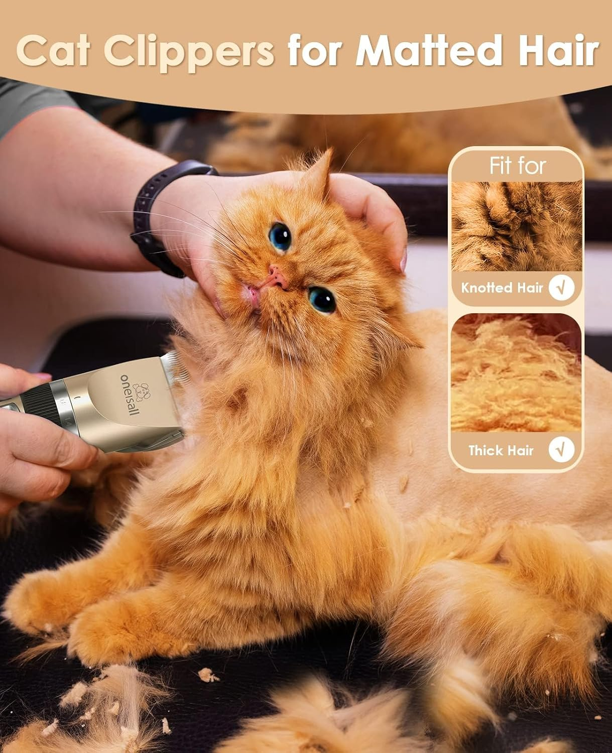 Oneisall Quiet Clipper, Cat, Dogs, Professional Hair Trimmer for Long Hair Cats with Thick Fur, Dog Clipper, Cat Shaver with Powerful Motor (Gold) image number 2