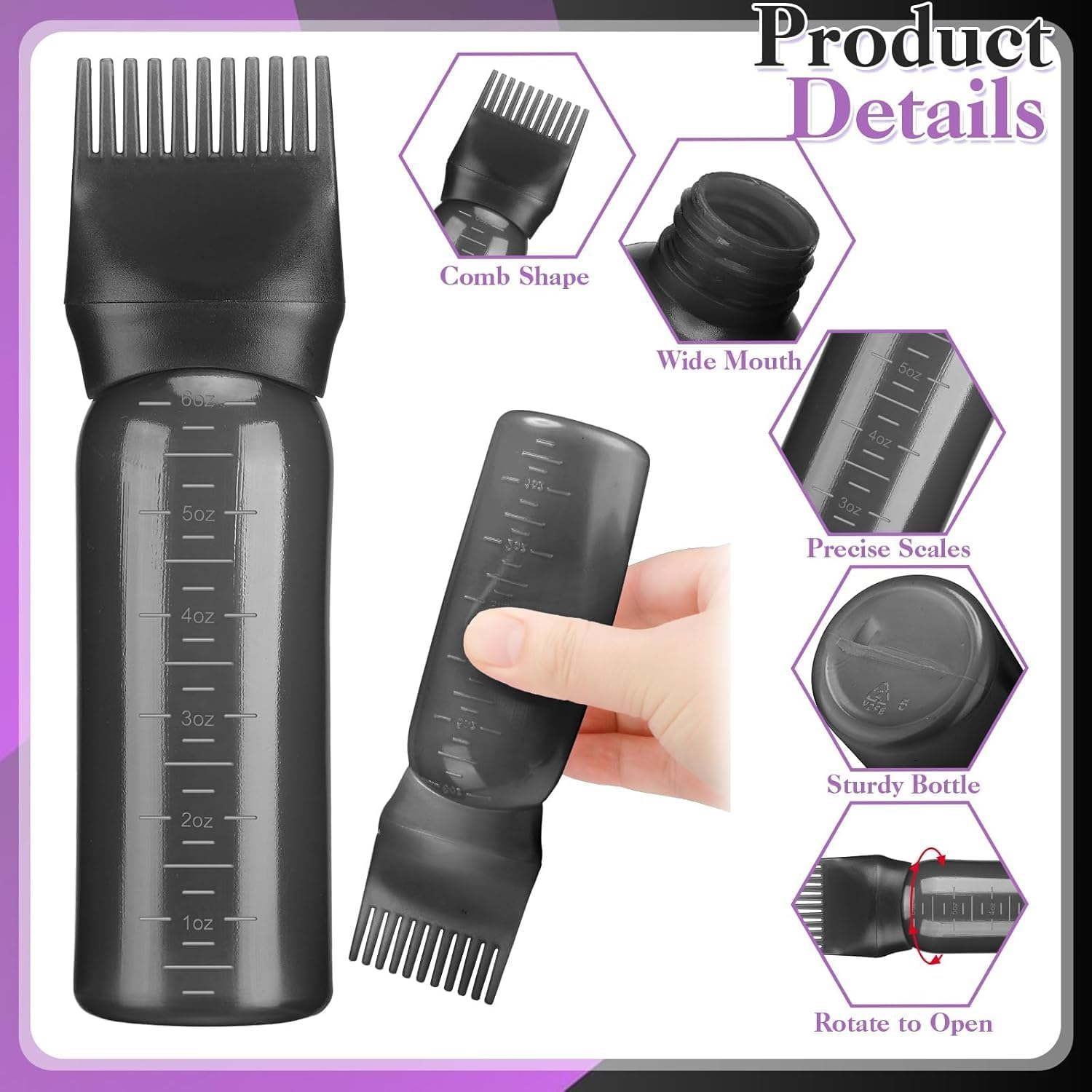 2 Pack Hair Oil Applicator Bottle for Scalp with Comb,Hairs Oil Bottle with Root Comb for Scalp, Shampoo Scrubber Applicator,Hair Dye Tools (Purple+Black, 17.2 * 4.5Cm) image number 4