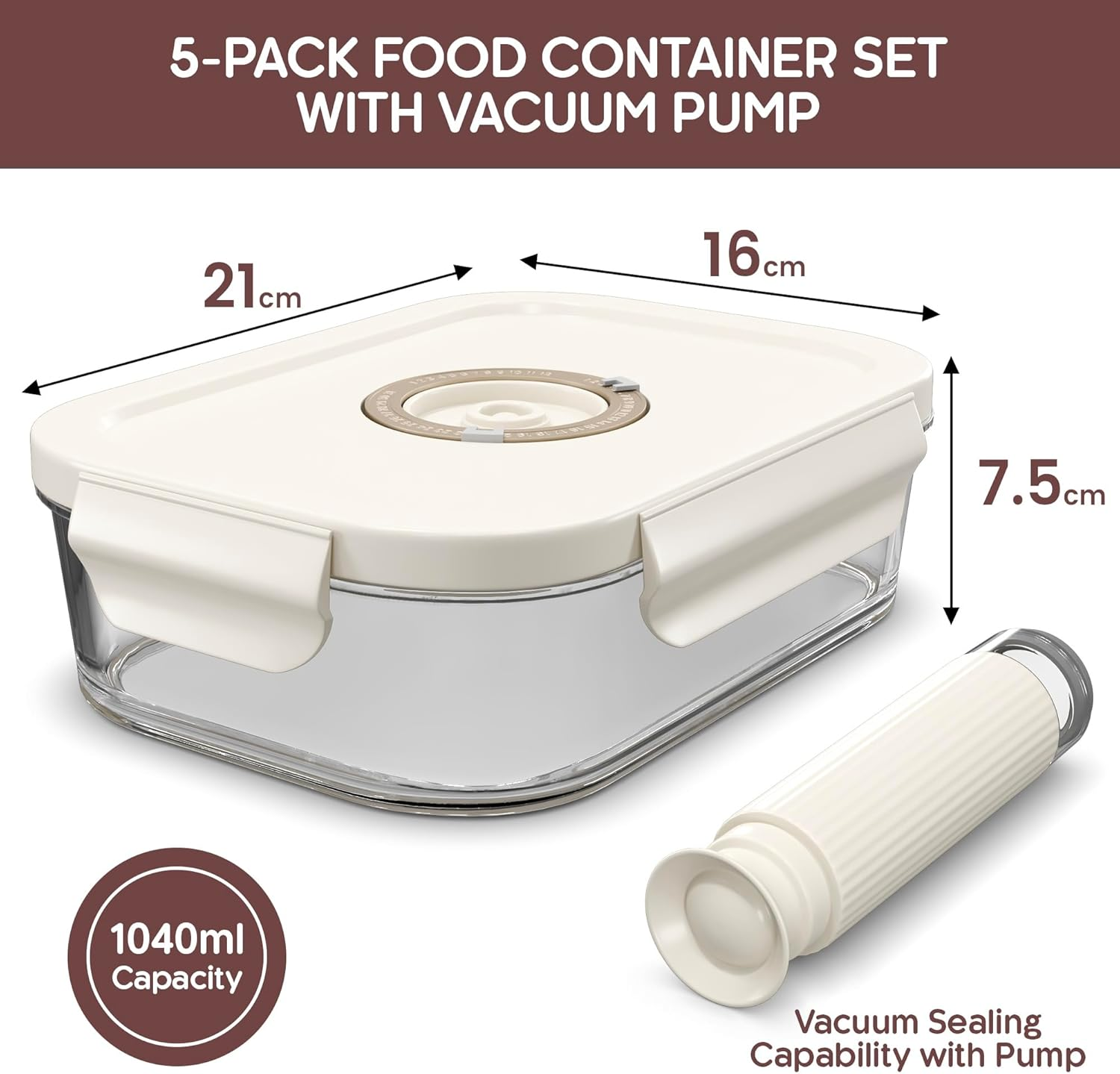 Unique Impression 5 Pack 1040Ml Glass Vacuum Food Storage Containers with Date Tracker & Pump - Airtight Vacuum Containers with Lids - Oven,Microwave and Fridge/Freezer Safe - Leak Proof image number 1