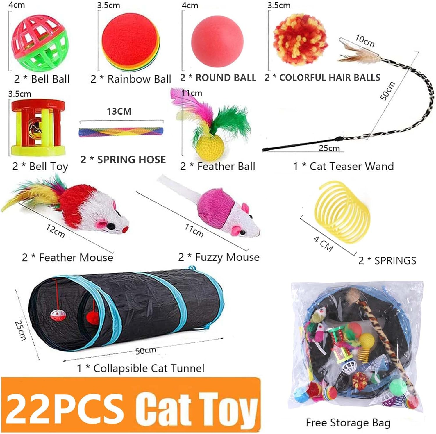 22-Piece Interactive Cat Toys Set for Indoor Cats with Collapsible Tunnel, Feather Teaser Wand, Crinkle Balls - Multi-Color Kitten to Adult Cat Toys (All Breeds) image number 1
