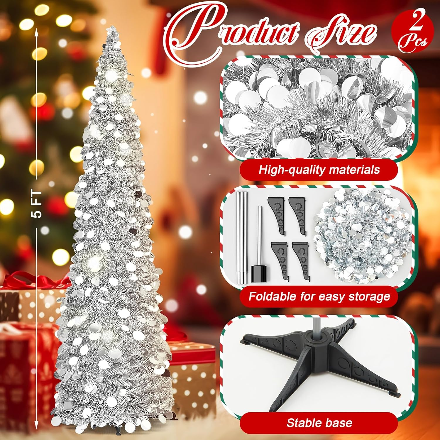 Leyndo Collapsible Artificial Christmas Tree - Pencil Pop up Tinsel Sequined Tree for Home & Fireplace Decoration image number 1