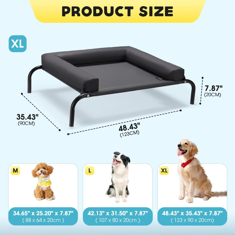 Petzly Cooling Elevated Dog Bed with Pillows, Raised Pet Bed for Large Extra Large Medium Dogs, Portable Washable Dog Cot with No-Slip Rubber Feet, Indoor & Outdoor Use, Black, Xlarge(123X90X20Cm) image number 4