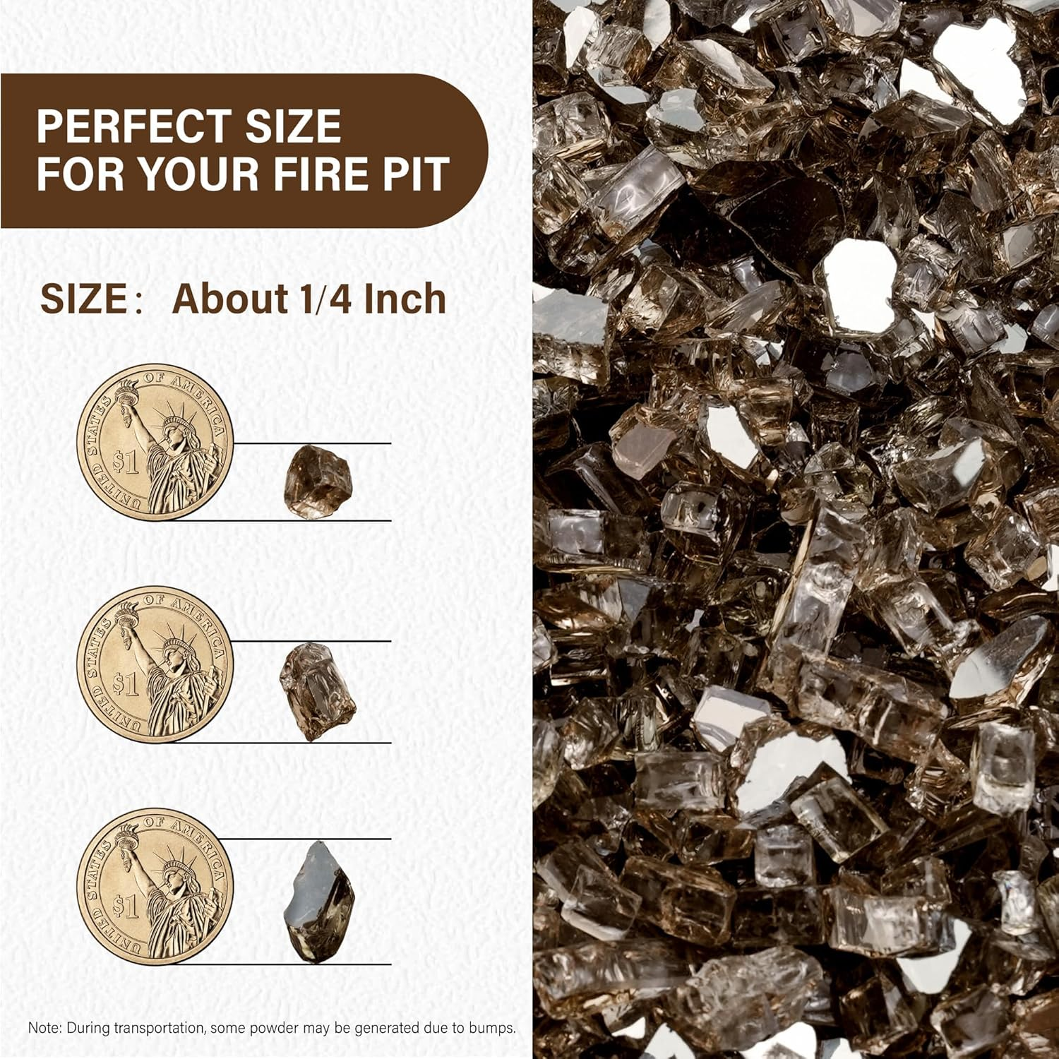NUPICK 5 Pound Fire Glass, 1/4 Inch Reflective Fire Pit Glass, Tempered Firepit Glass Rock for Propane or Natural Gas, Glass Rocks for Fire Pit Table, Fireplace Glass for Landscaping, Bronze image number 6