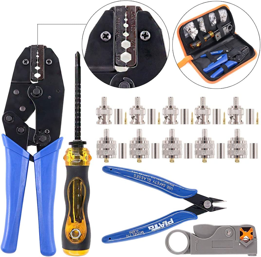 Swpeet 14Pcs Professional Coaxial Cable Tool Kit, Ratcheting Wire Terminal Coaxial Cable Tool Kit with 1Pcs Cable Stripper and 10Pcs 50 Ohm BNC Crimp Male/Straight Connectors for Coax Connectors image number 1
