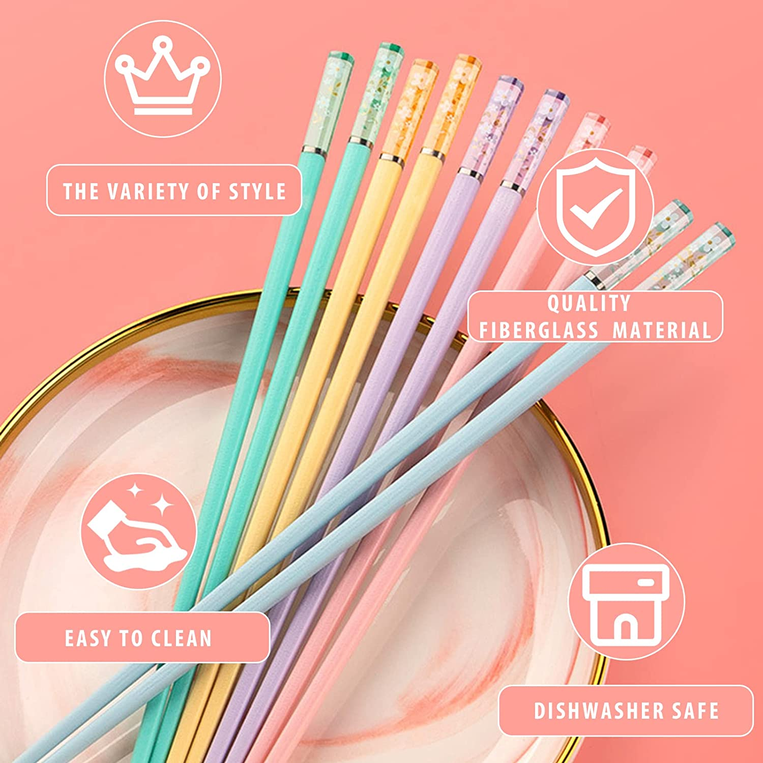 5 Pairs Fiberglass Chopsticks-Reusable Chopsticks Dishwasher Safe, 9.6In/24.3Cm Matte Non-Slip Family/ Hotel/ Restaurant Chop Sticks, Chinese/Japanese Hair Chopstick Gift Set, Sakura image number 5