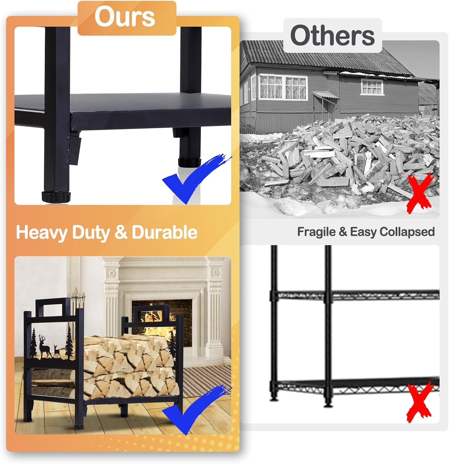 Homejayde Firewood Rack Outdoor and Indoor Firewood Holder, Heavy Duty Steel Log Holder for Wood Storage, Wood Racks, Black Powder Coated Steel Log Rack Wood Holder for Fireplace（Contains Patents） image number 6