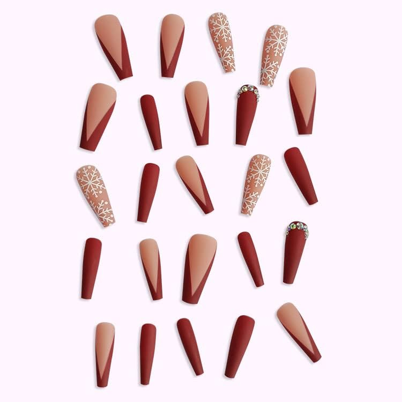 Snowflake Press on Nails Long Christmas Red Fake Nails Square Matte False Nails with Rhinestones for Christmas Nail Decorations Artificial Ballerina Press on Nails for Women Girls 24Pcs image number 1