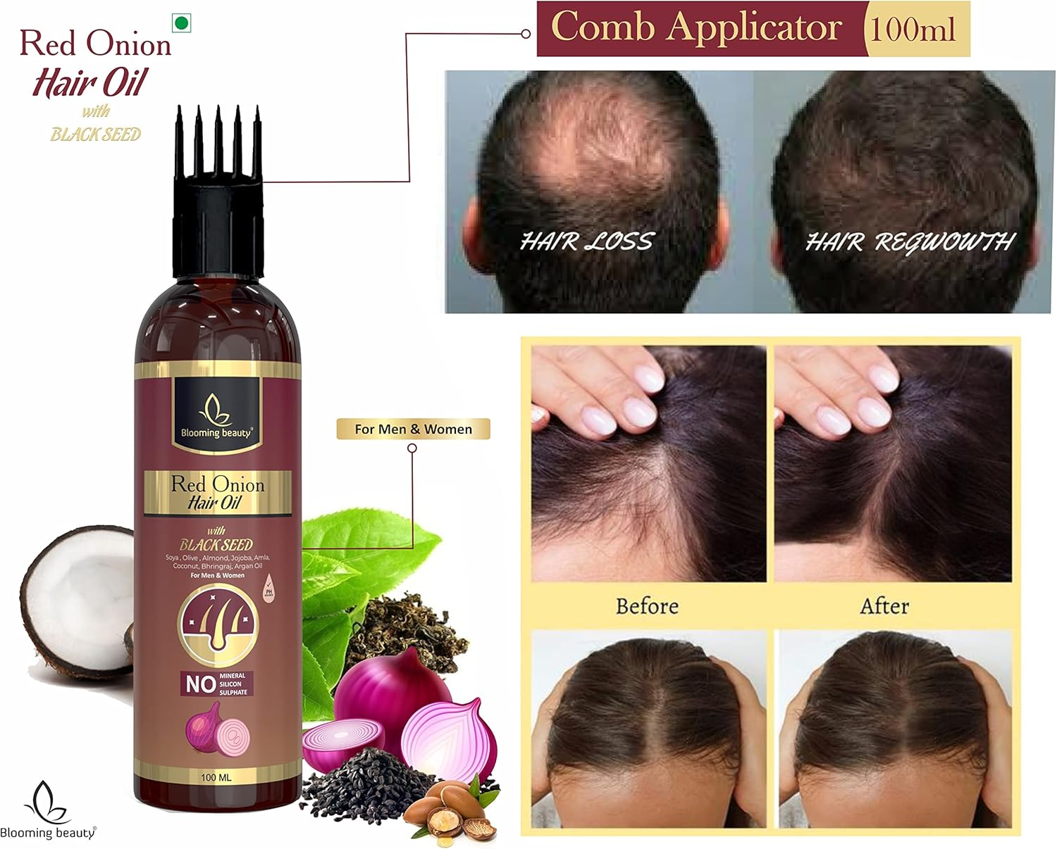 Blooming Beauty Onion Hair Oil for Hair Growth, anti Dandruff & Red Oninin | Onion Hair Oil for Anti-Dandruff, Long Hair, Hair Fall Controls, Baldness, Alopecia ,Hair Loss (100 Ml Comb Applicator ) image number 3