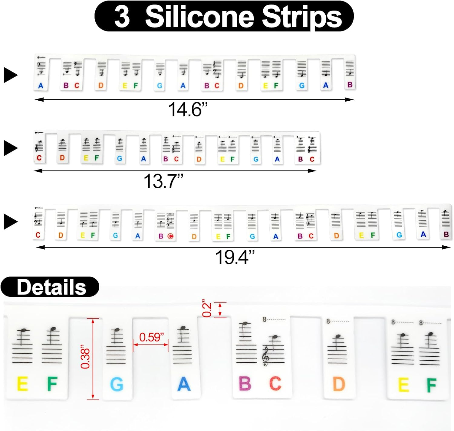 Blingkingdom Removable Keyboard Note Labels 88-Key Full Size Silicone Music Guides Key Letter Label Washable Overlay Strips for Beginner Piano (Rainbow Color)