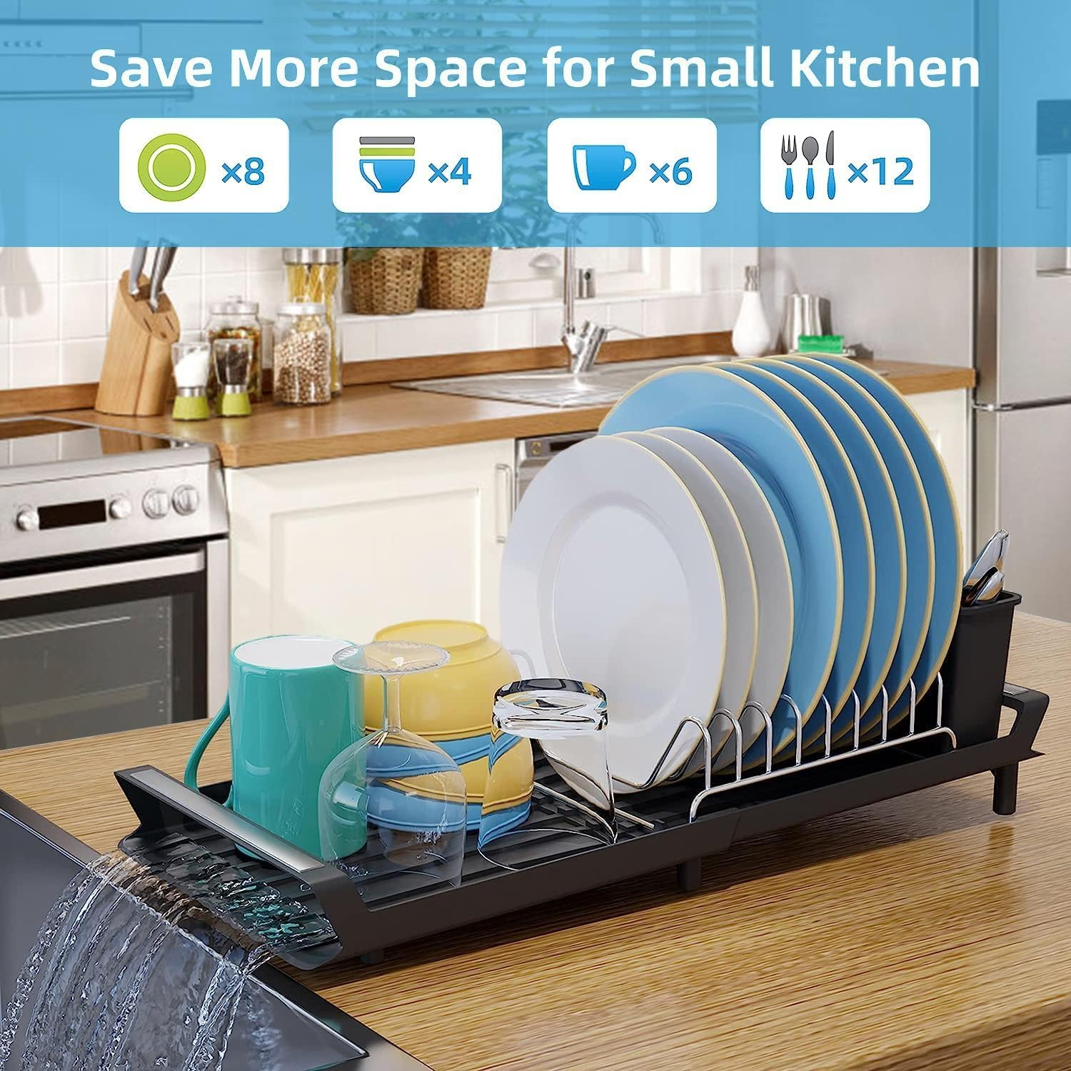 Bytebliss Dish Drying Rack, Expandable Dish Rack for Kitchen Counter with Utensil Holder, Stainless Steel Small Dish Drainer Organizer with Drainboard for Kitchen in Sink