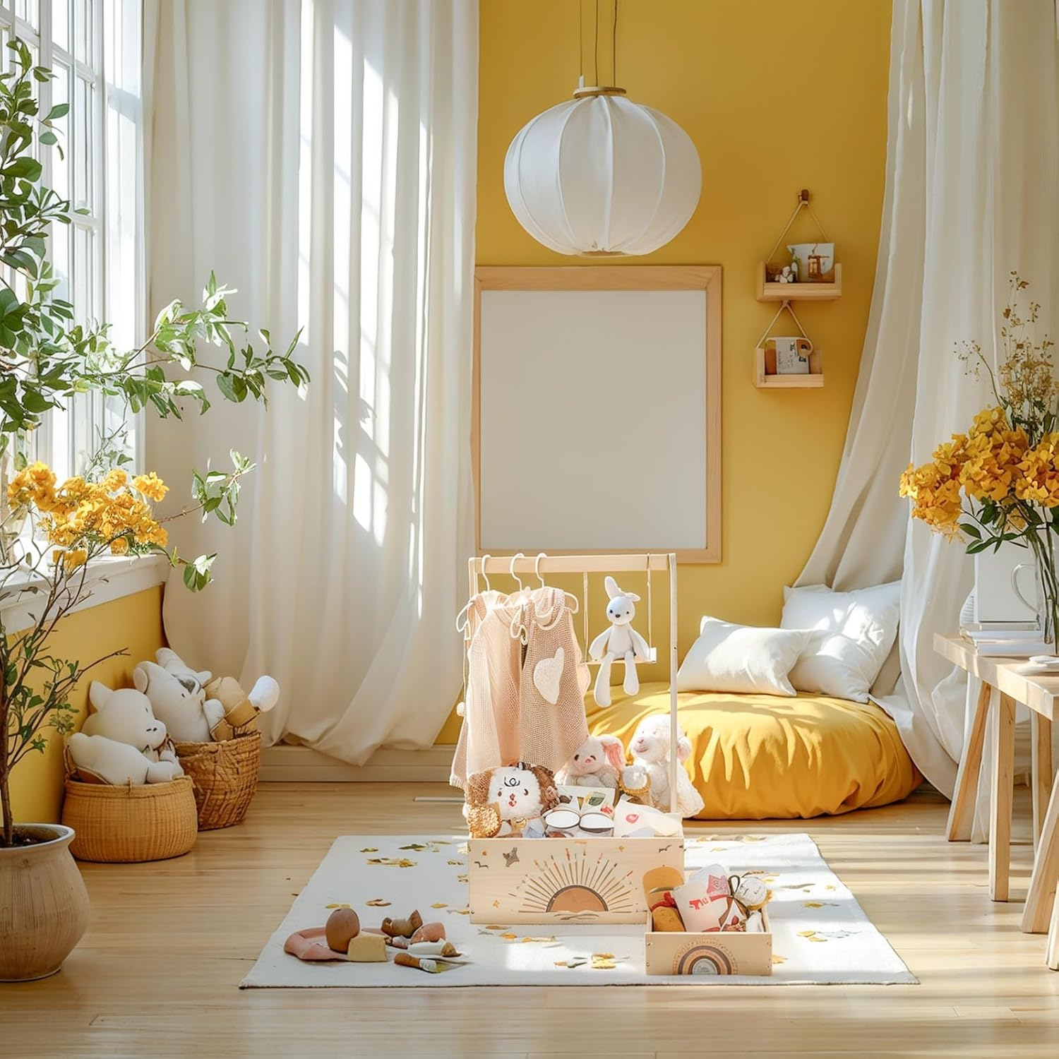 Wooden Baby Shower Crate Closet Set, Shower Party Basket with Handle and Swing, Large Capacity Baby Storage Crate, Newborn Baby Gifts Basket for Pregnancy New Parent (2 PCS)