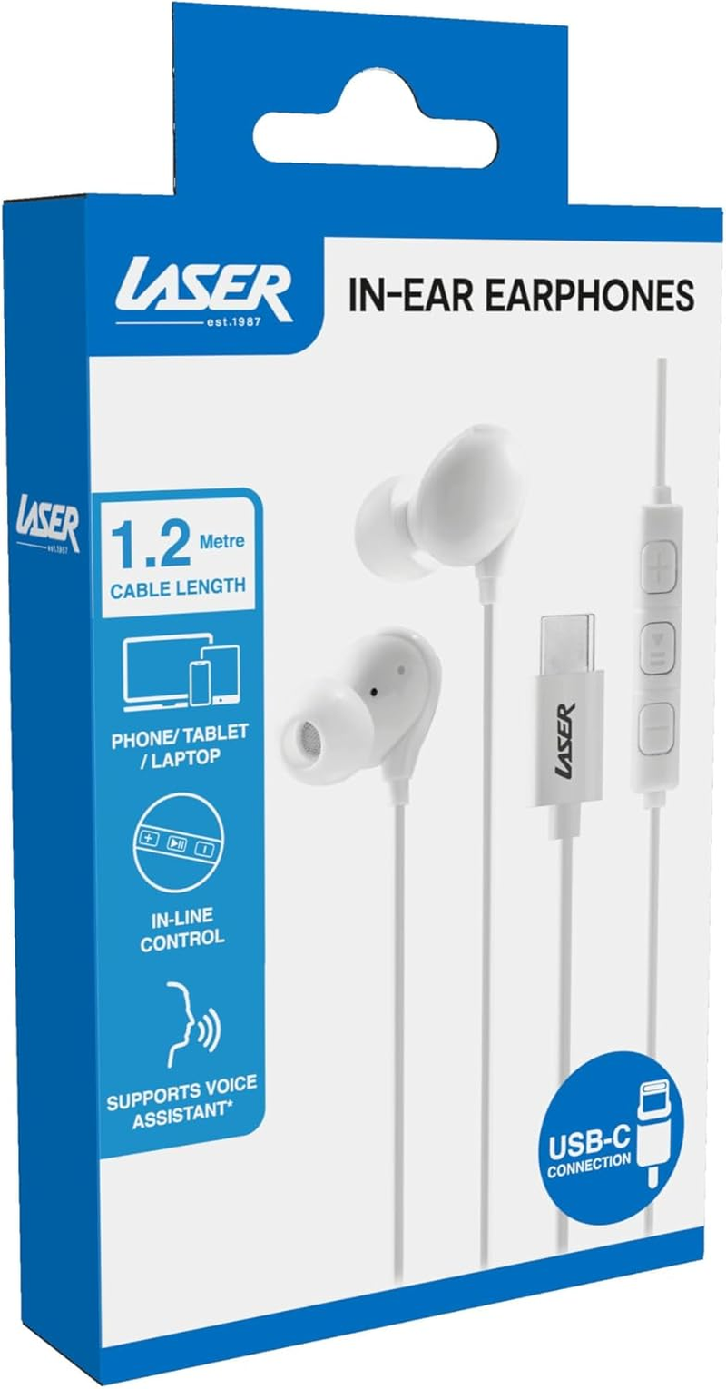 Laser Wired In-Ear Earphones with In-Line Controls, USB-C, Headphone, White image number 2
