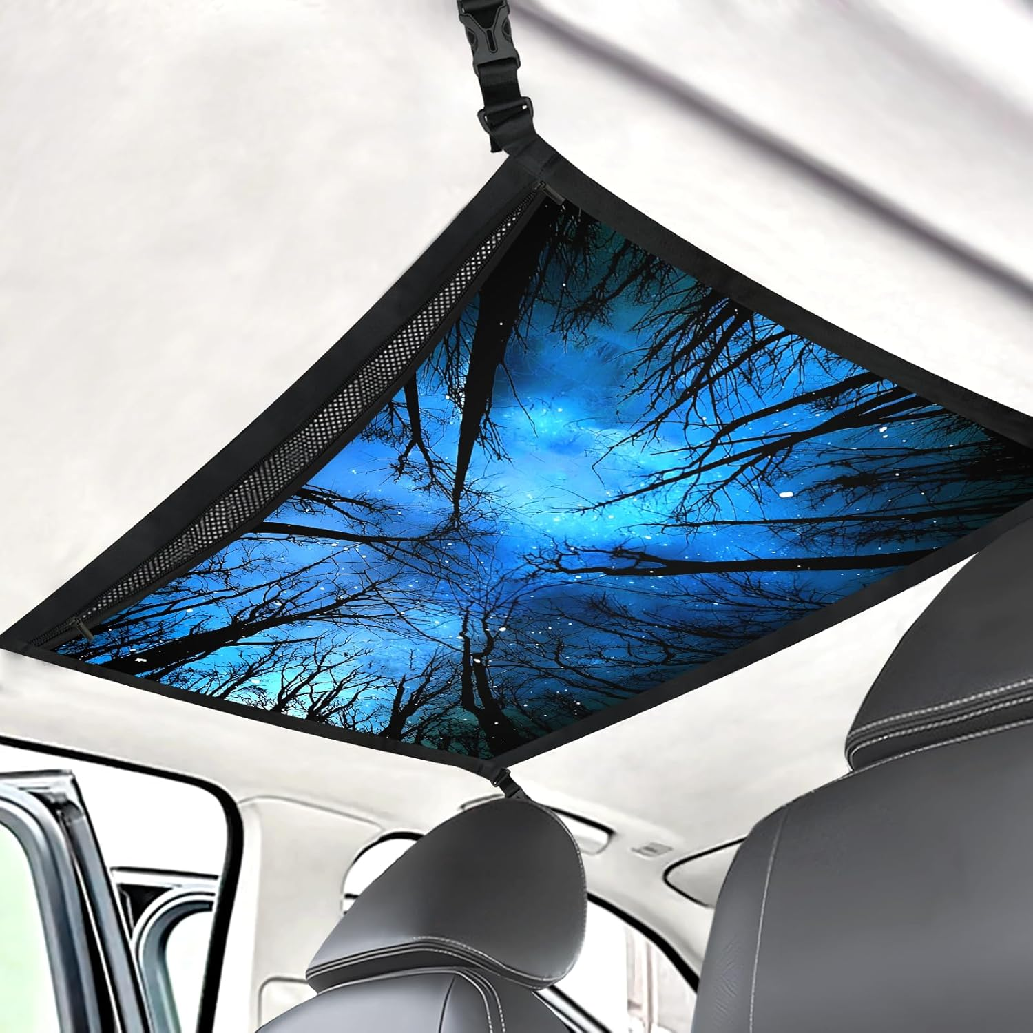 Blue Starry Night Sky Fantasy Trees Car Ceiling Cargo Net Large Storage Pocket 31.5"X23.6" Adjustable Roof Double Layer Net Strengthen Loadbearing Storage Organizer for SUV Trip Camping