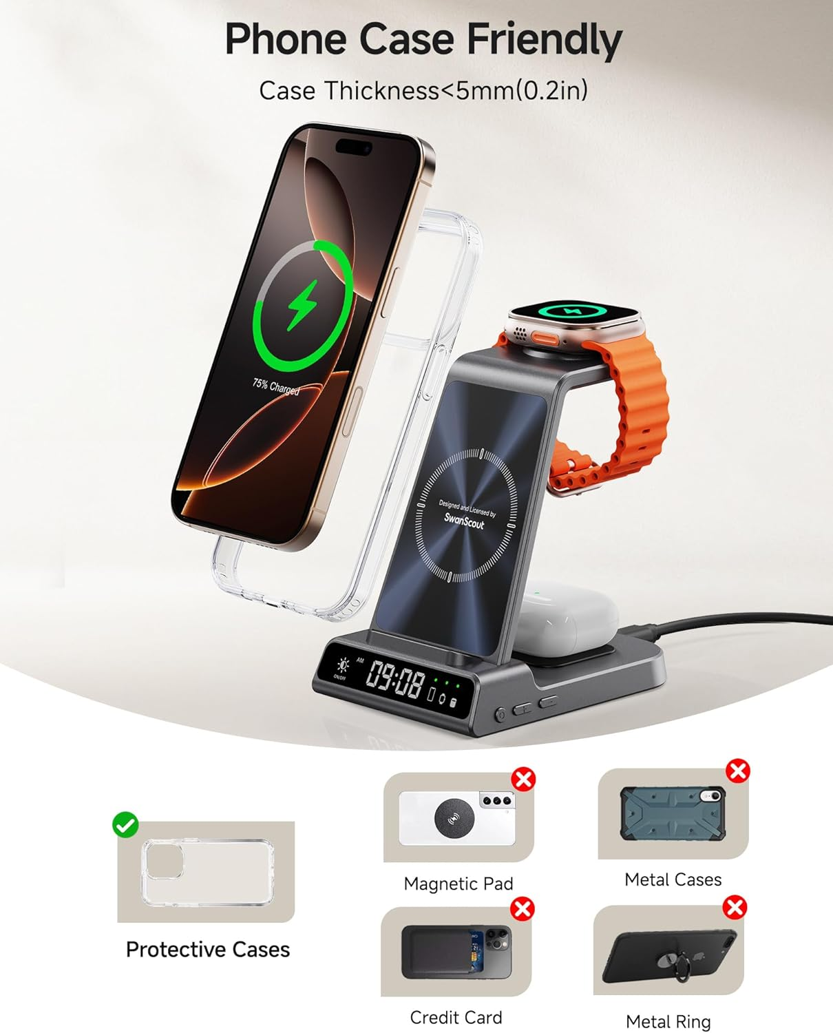 3-In-1 Wireless Charging Station for Iphone Air/17/16/15/14/13/12, for Apple Watch Ultra 3/11/10/9/8/7/SE 3, and Wireless Earbuds, Swanscout C02A image number 1