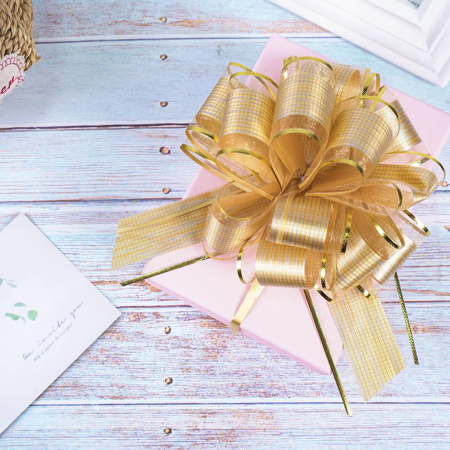 20 PCS Large Pull Bow Gift Wrapping Bows, Pull Bow with Ribbon for Wedding Gift Baskets, Party Gift Wrap Bows, Presents Decorating Bows (Gold) image number 4