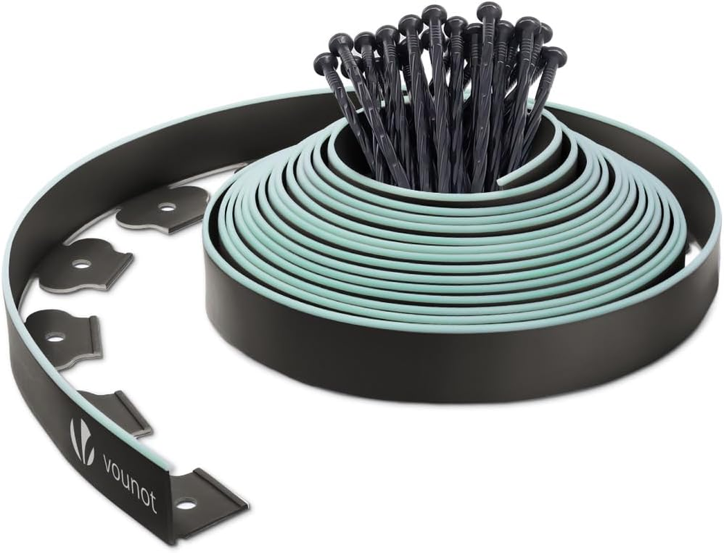 VOUNOT&reg; Plastic Lawn Edging Border with 60 Ground Anchors, 20M Flexible Garden Edging Strip for Grass, Paths, Gravel or Flower Beds, Weatherproof Landscape Border, 5Cm High, Green & Green Outline Edge
