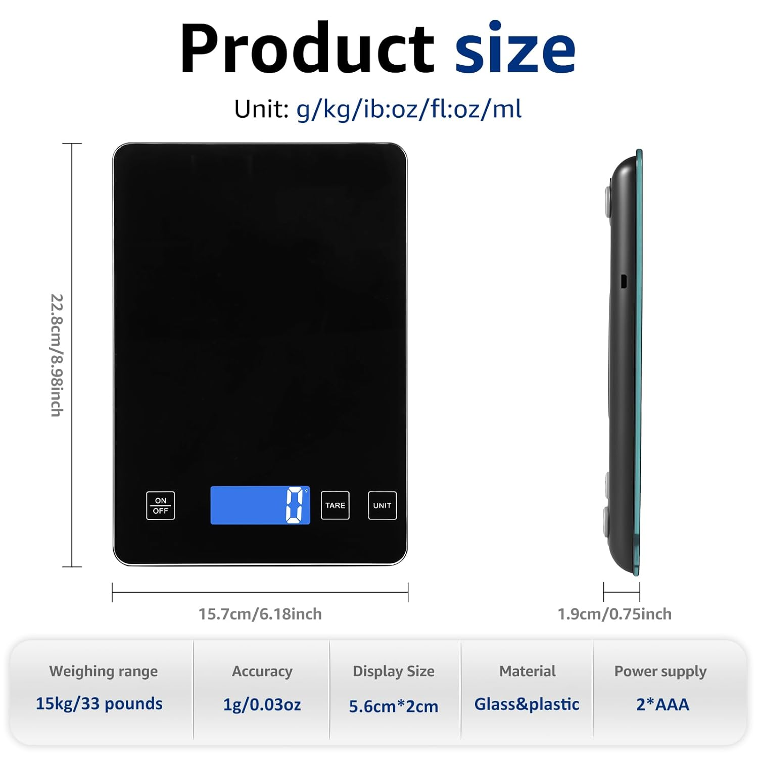 Digital Kitchen Scales 15Kg/33Lb Food Scale High Accuracy1G/0.03Oz Weight in Grams and Ounces Scale Waterproof Tempered Glass Platform with LCD Display for Cooking Baking (Black) image number 5