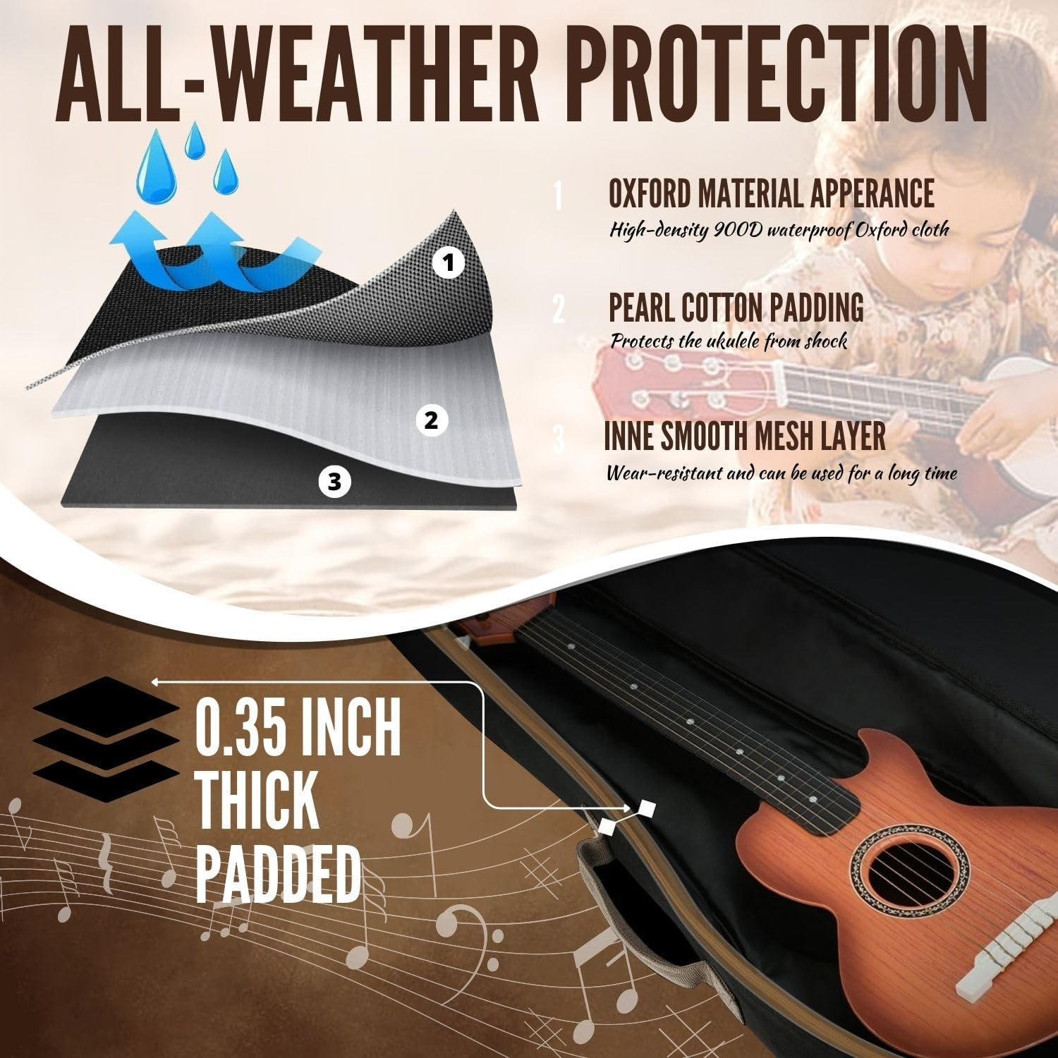 Flexzion Ukulele Gig Bag - Uke Backpack Storage Soft Case (Tenor 27 Inch, Black) Waterproof W/Carrying Handle, Pocket & Adjustable Shoulder Strap, Music Accessories for Concert Tour Travel image number 3