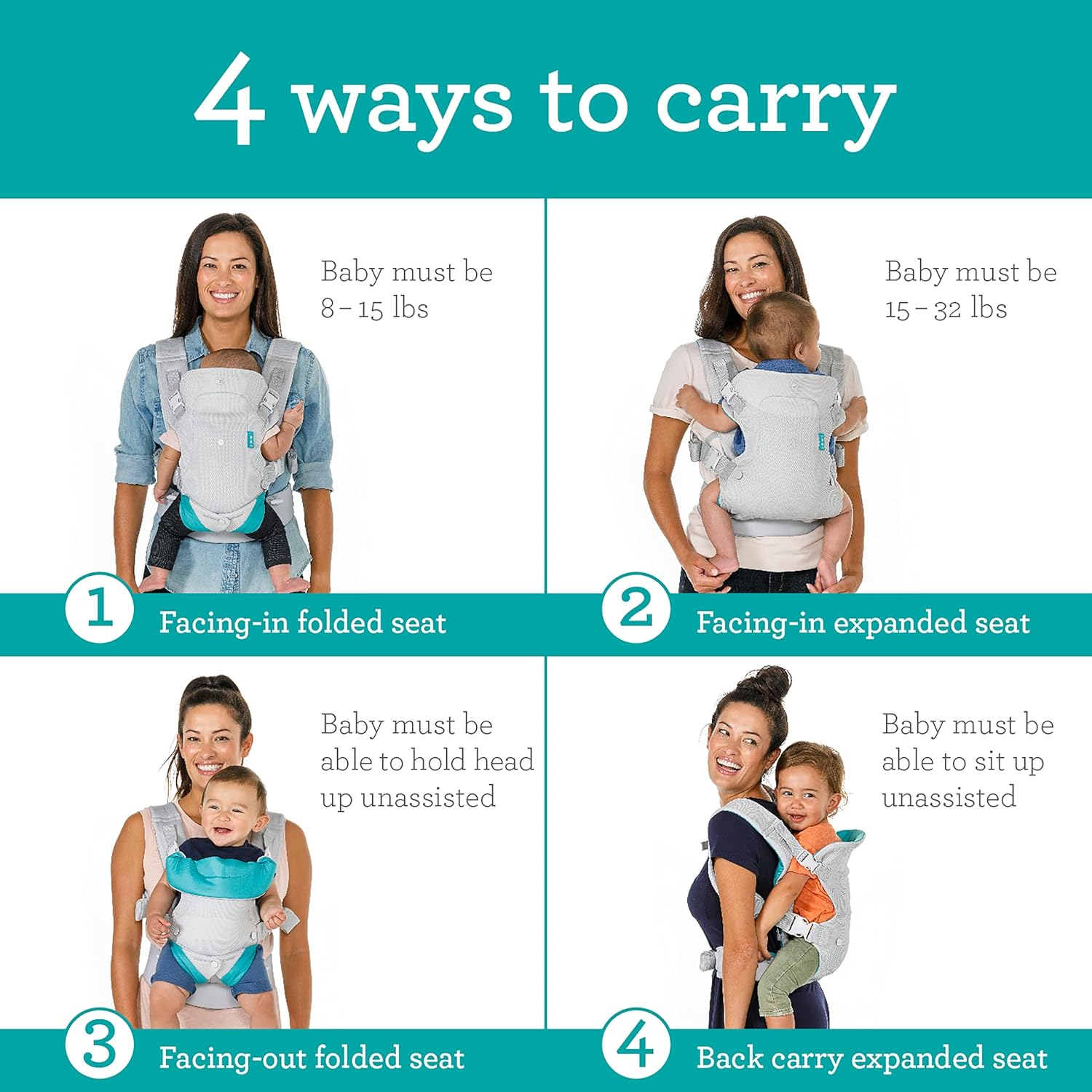 Infantino Flip 4-In-1 Light & Airy Convertible Carrier - Breathable, 4 Positions, Lumbar Support, Adjustable Waist Belt, Head Support, Ergonomic Seat, Adjustable Waistband, Plush Straps image number 4