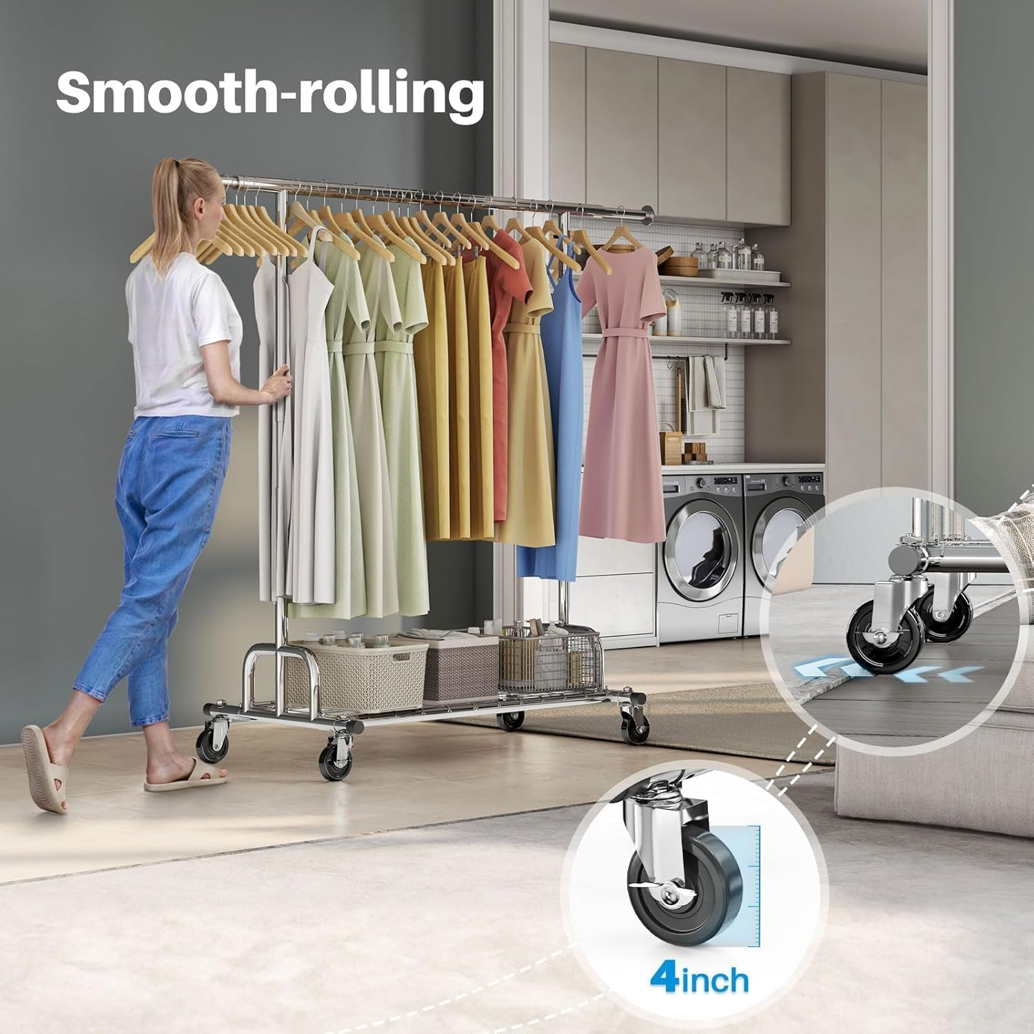 Heavy Duty Clothes Rack, Rolling Clothing Rack with Shelves Load 620 LBS, Double Rod Clothing Racks for Hanging Clothes, Portable& Adjustable (1-Heavy Duty Rack) image number 2