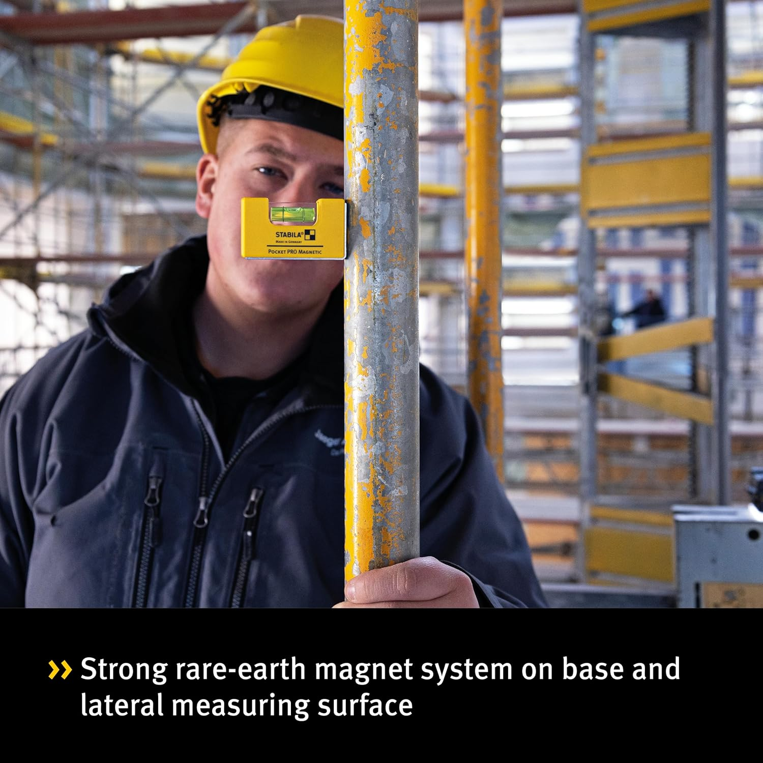 STABILA Pocket PRO Magnetic Mini Spirit Level with Belt Clip, 7 Cm, Strong Rare Earth Magnet, 1 Horizontal Level, Made in Germany, Yellow, 15 X 8 X 20 Cm image number 3