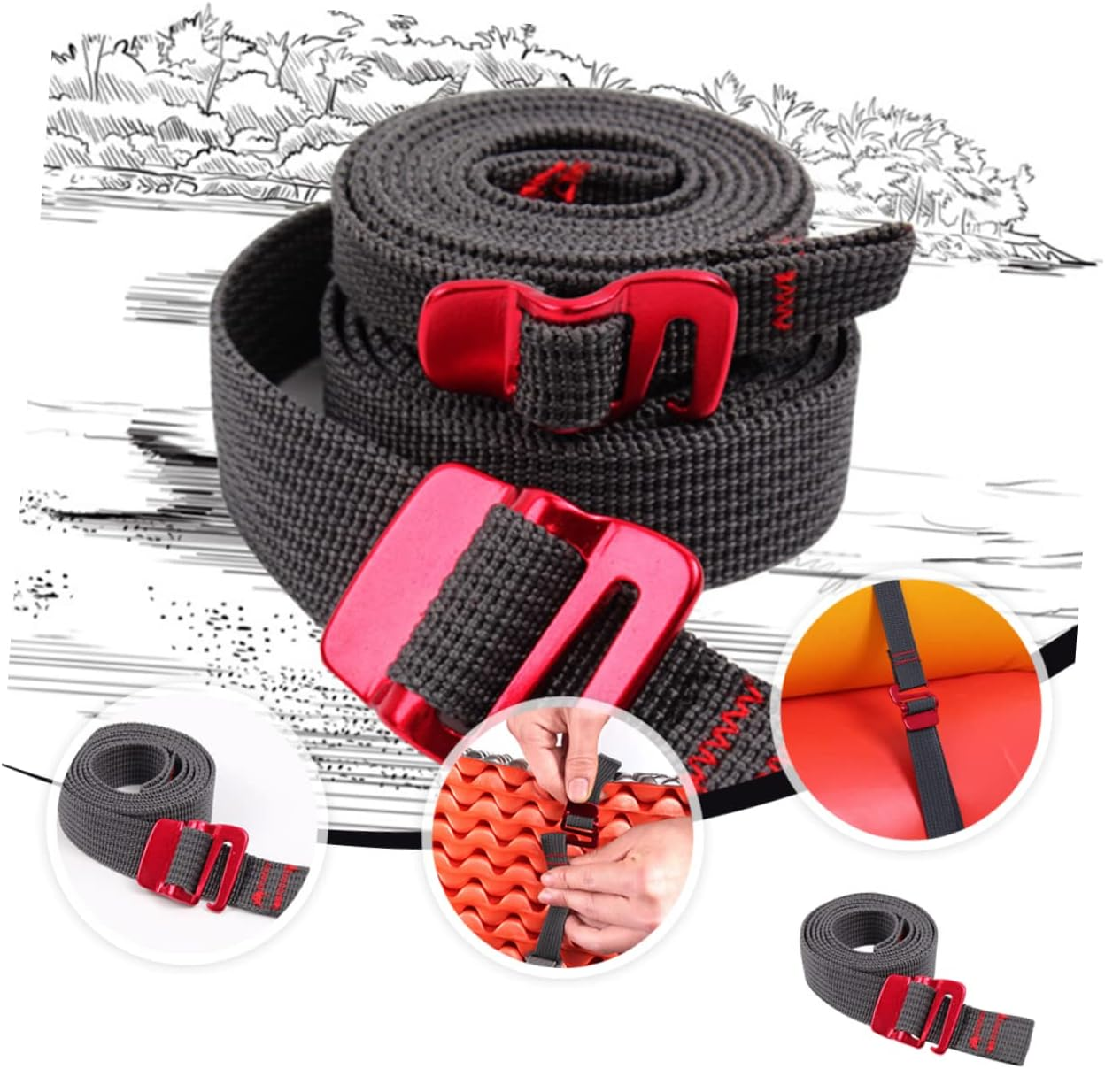 BRIGHTFUFU 2Pcs Outdoor Tie down Straps and Fastening Belts for Camping Tent and Backpack Luggage, Sturdy Nylon Cargo Lashing Straps for Hiking and Travel Gear image number 6