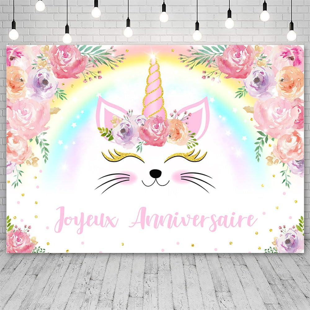 AIBIIN 7X5Ft Unicorn Birthday Backdrop for Girls Pastel Rainbow Floral Unicorn Glitter Stars Dots Joyeux Anniversary Party Banner Photo Props image number 1