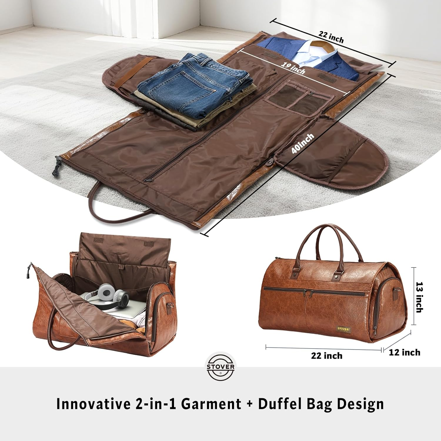 STOVER Garment Travel Duffle Bag, Large 2-In-1 Convertible Carry-On Luggage for Men & Women- Hanging Suits, Dresses & Clothes + Shoe Compartment- Weekender Tote Combo Duffel, Leather Brown, Garment
