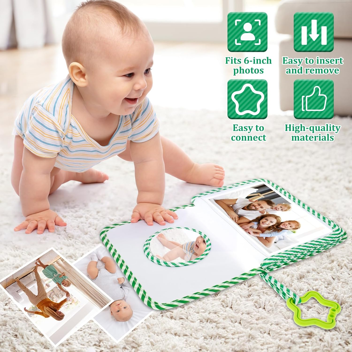 Baby Photo Album, My First Photo Book for Baby or Toddlers, First Family Memory Book for Newborns, Cute Soft Cloth Photo Book, My Family Album Toddler Photo Album for Babies Shower (Green)