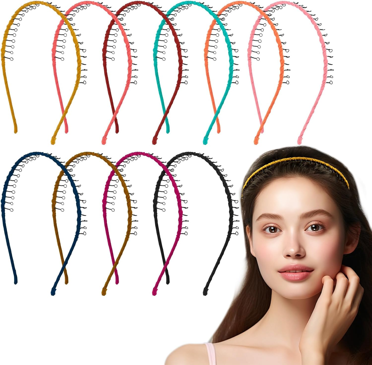 Pack of 10 Unisex Hair Bands Hair Bands Wave Metal Headband with Non-Slip Teeth Elastic Headband for Men Women for Outdoor Sports Yoga (10 Colours) image number 6