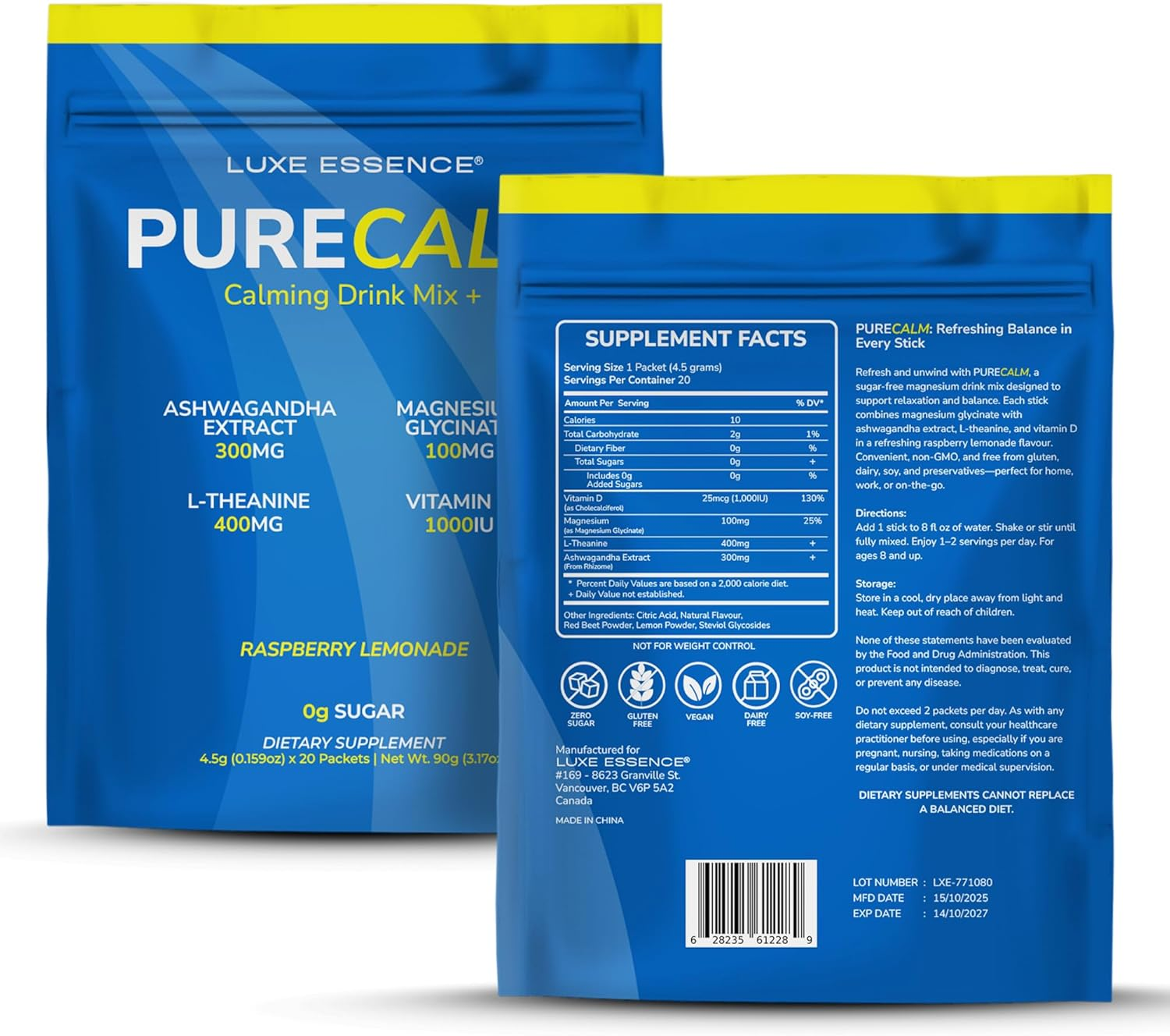 Purecalm Magnesium Drink Mix | Magnesium Glycinate with Ashwagandha, L-Theanine & Vitamin D | Sugar-Free Electrolyte Blend | Raspberry Lemonade Flavour | 20 Stick Packs image number 6