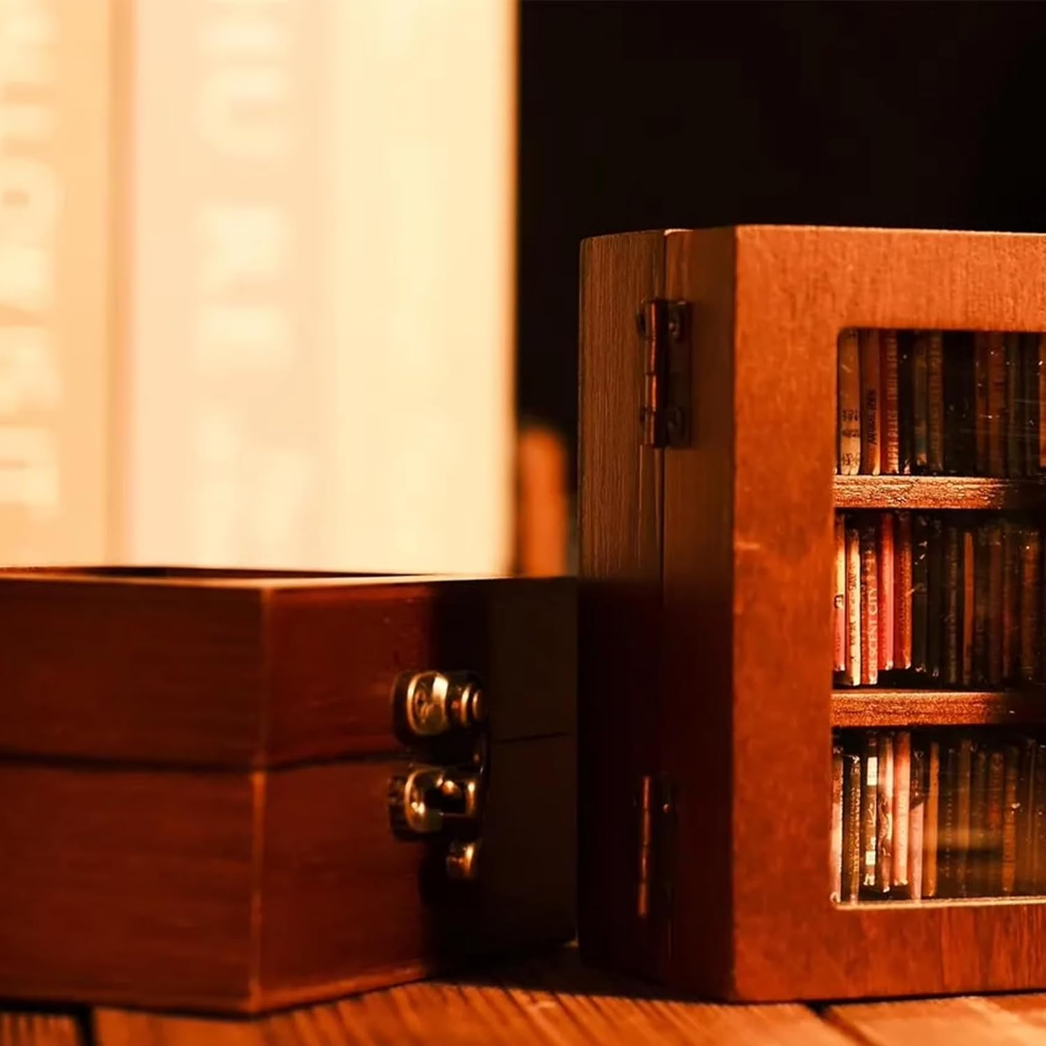 Miniature Book Library Decoration, Pocket Anxiety Bookshelf with 60 Mini Books, Handmade Antique Style Storage Display (Brown) - Blue image number 3