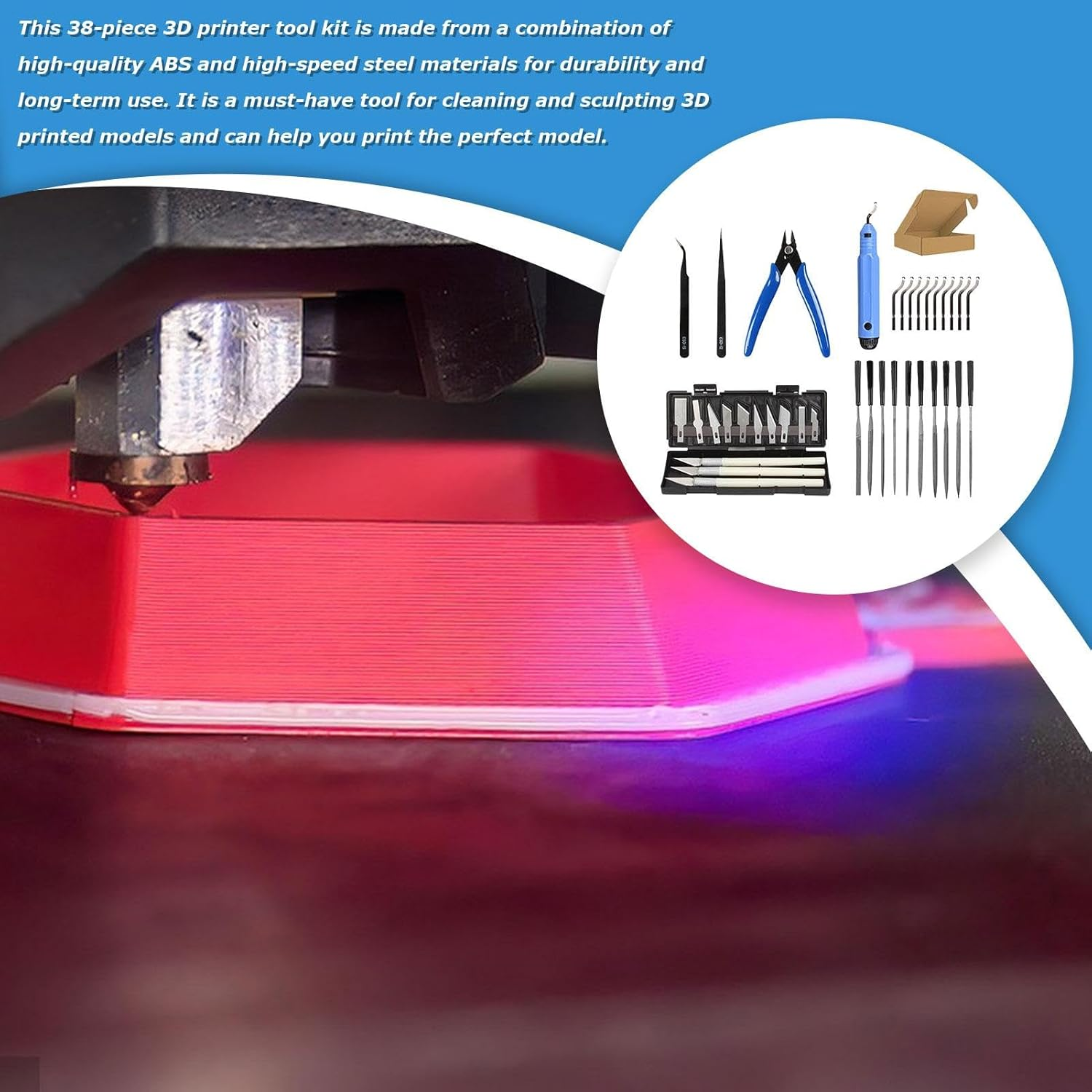 3D Printer Accessories,Professional 3D Printing Supplies Set of 38 | 3D Print Cleaning Tools with Tweezer, Deburring Tool, Plier for Making Crafts, Modeling image number 5