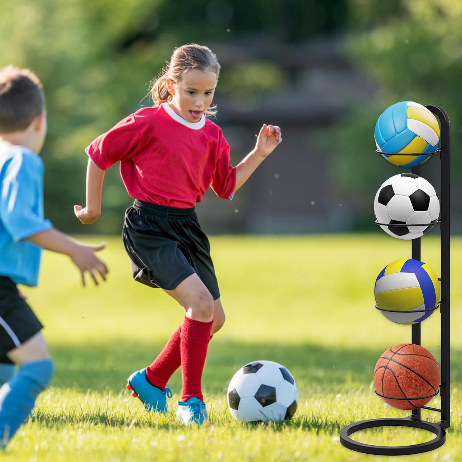 4-Tier Vertical Ball Storage Rack Ball Storage Rack Removable Vertical Display Sports Equipment Organizer Space-Saving Durable for Basketball Volleyball Football Rugby Badminton image number 3