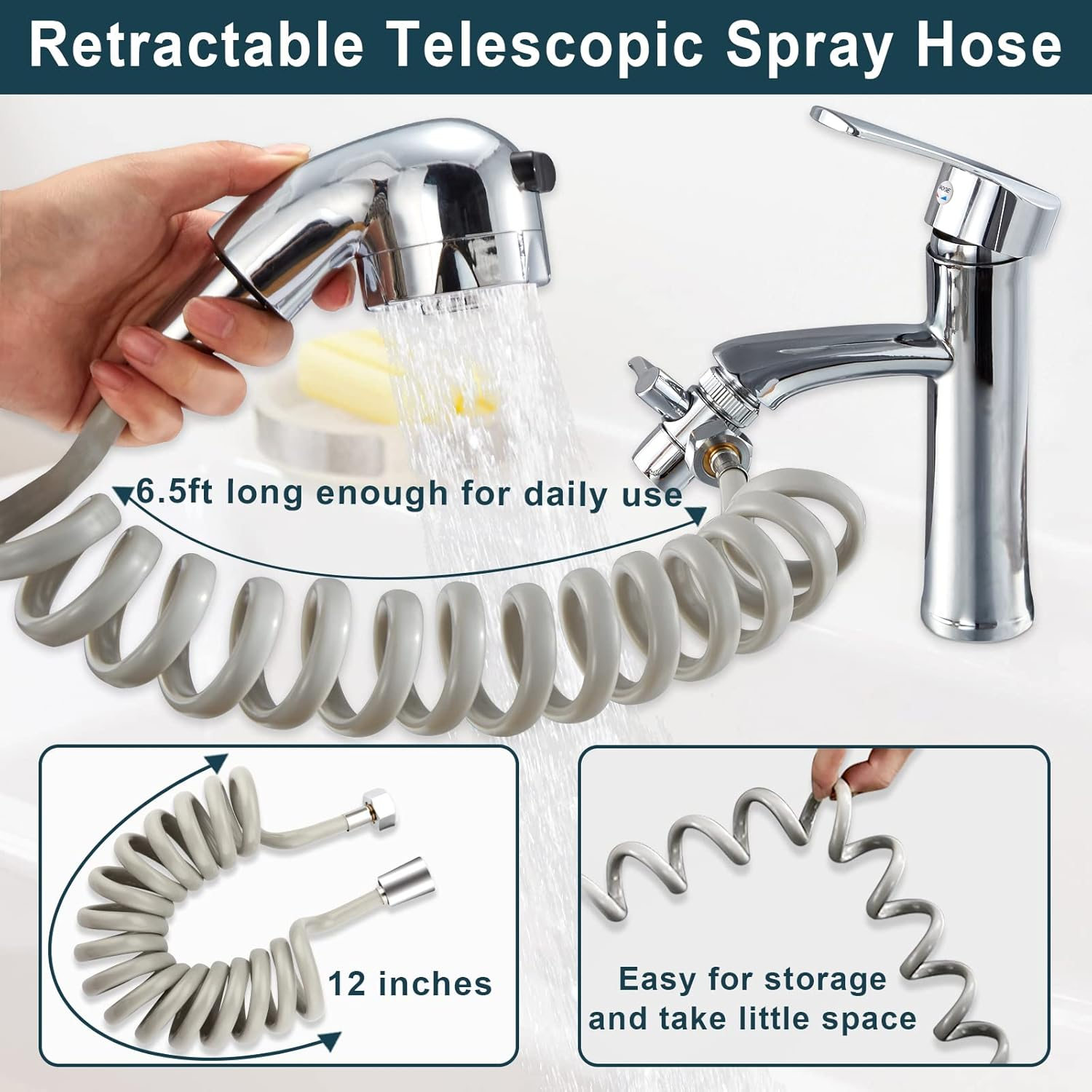 USLICCX Sink Faucet Rinser for Dog Baby Hair Washing Kitchen Bathroom Sink Bathtub Extension Sprayer Set with Recoil Hose & Shower Holder & Water Diverter, Polished Chrome image number 5