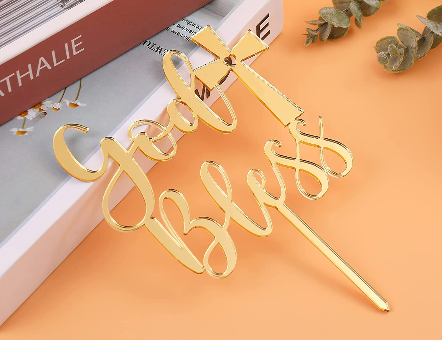 LOVENJOY Gift Boxed God Bless Cake Topper Gold Acrylic Mirror for Batism, First Communion, Confirmation or Christening image number 3