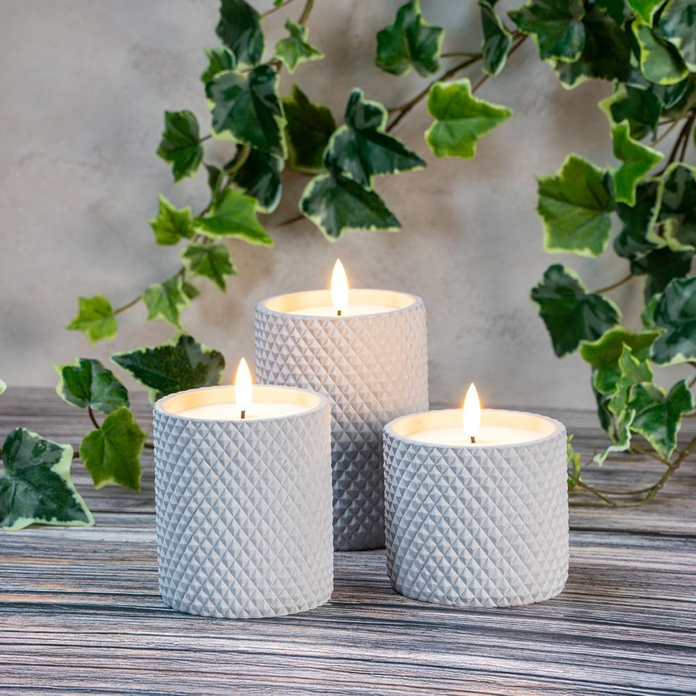 Ideen Mit Herz LED Real Wax Candles | in Decorative Concrete Containers | Set of 3 | 3 Different Sizes | round with Diamond Pattern | Battery Operated | with Timer Function image number 4