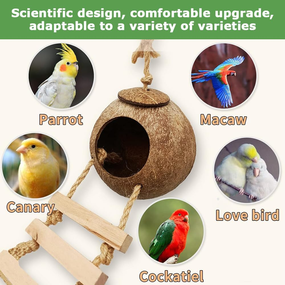 Coconut Hut,Hideout Cave,Coconut Hideout,Hanging Birdhouse Cage,Bird Shell Breeding Nest,For Parrot Parakeet Lovebird Finch Canary,For Home Garden Bedroom Living Room,Polished Lanyard Style image number 6