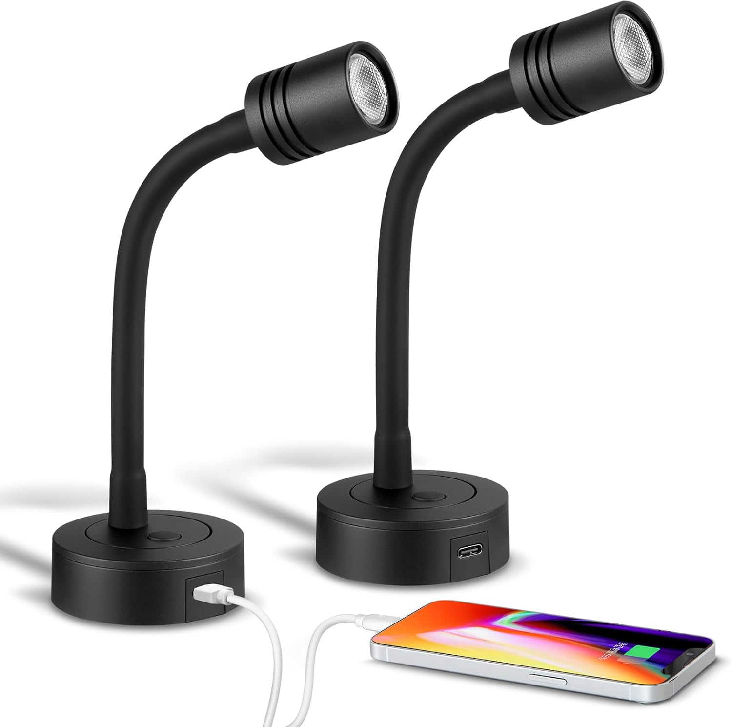 Obeaming 12 V Reading Lamp Caravan Boat Dimmable Bedside Lamp Gooseneck LED Wall Lamp for Van Truck Caravan, Built-In Type C Charger & Press Dimmer Switch 3200K, 2 Pieces image number 5