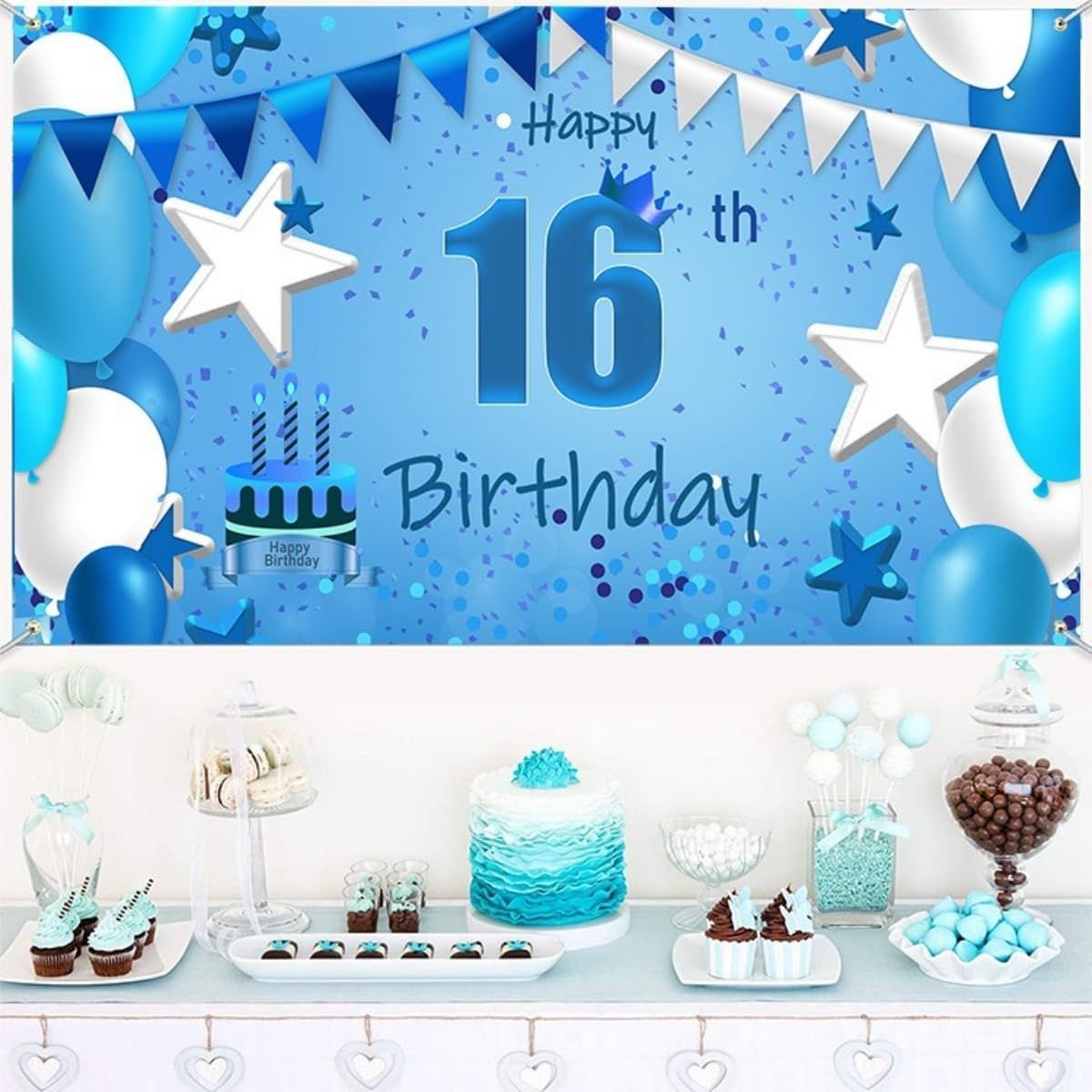 Costume Bay Blue Happy Birthday Backdrop Banner 180 * 110 Cm Large Background Cloth Photo Party Large Decoration Sign for Birthday Party (Blue - 40Th, ONE)