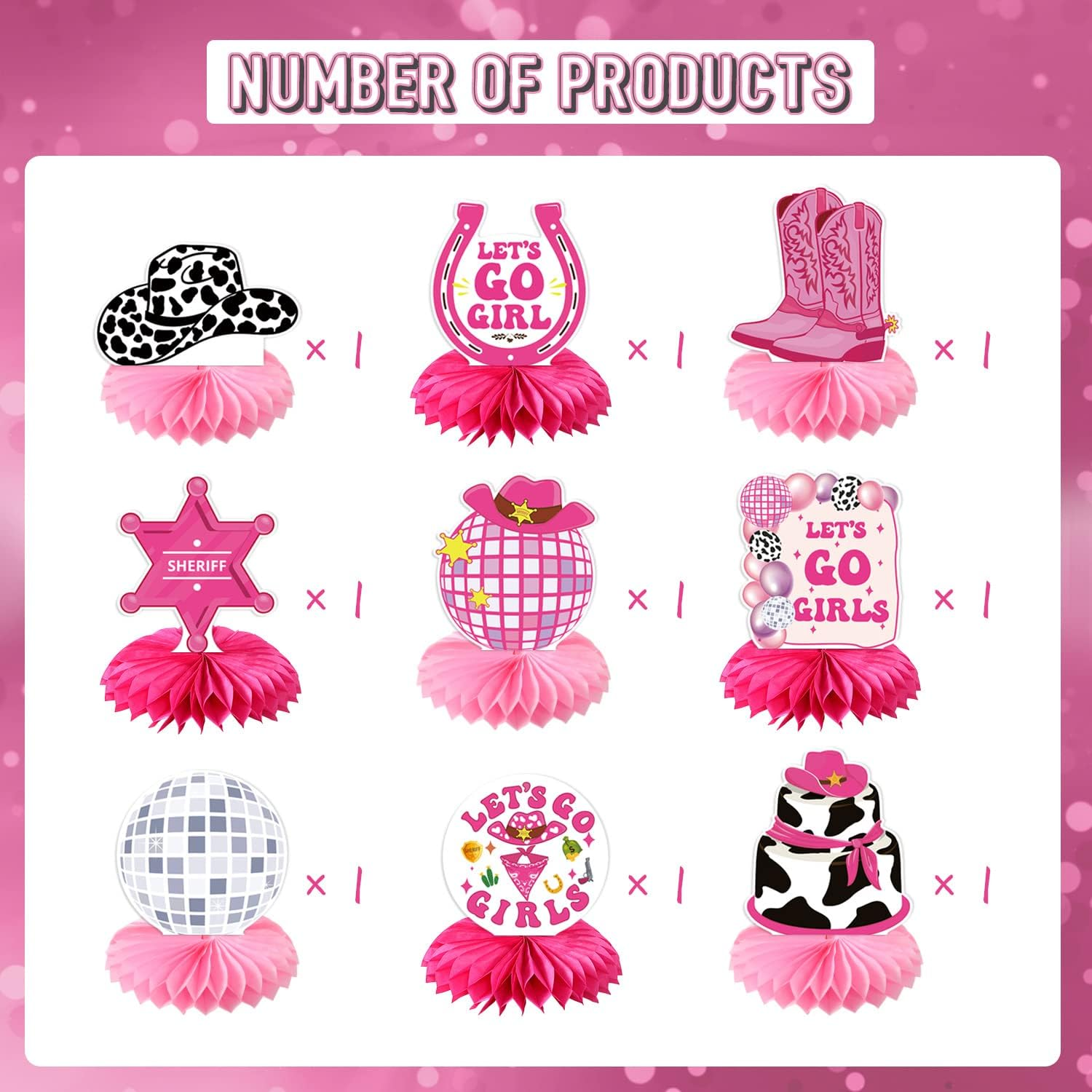 Lets Go Girls Bachelorette Party Decorations - 9Pcs Disco Cowgirl Decorations Honeycomb Centerpiece Pink Bachelorette Party Decorations Disco Western Cowgirl Party Decorations Girls image number 6