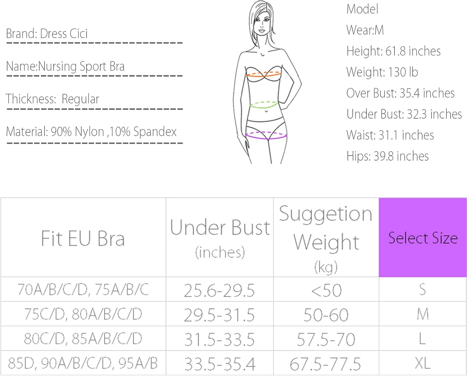 Dress Cici Nursing Sports Bra for Active Moms, Wirefree Full Coverage Racerback with Quick Front Clasp