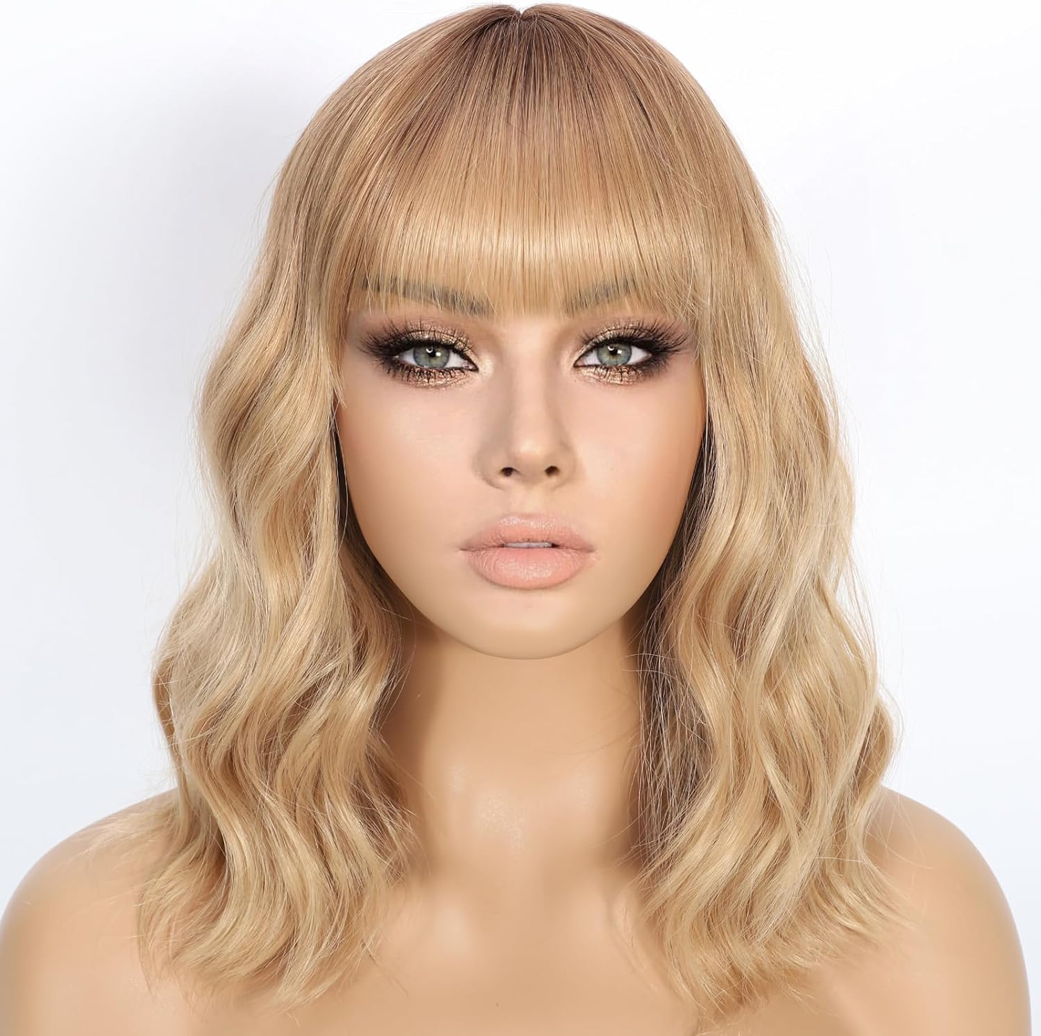 Wavy Wig with Bangs Short Curly Bob Wig for Women Highlight Style Synthetic Heat Resistant Bob Wigs for Daily Party Use (Ombre Dark Brown-Blonde, 14 Inch Bob) - Black Natural image number 5