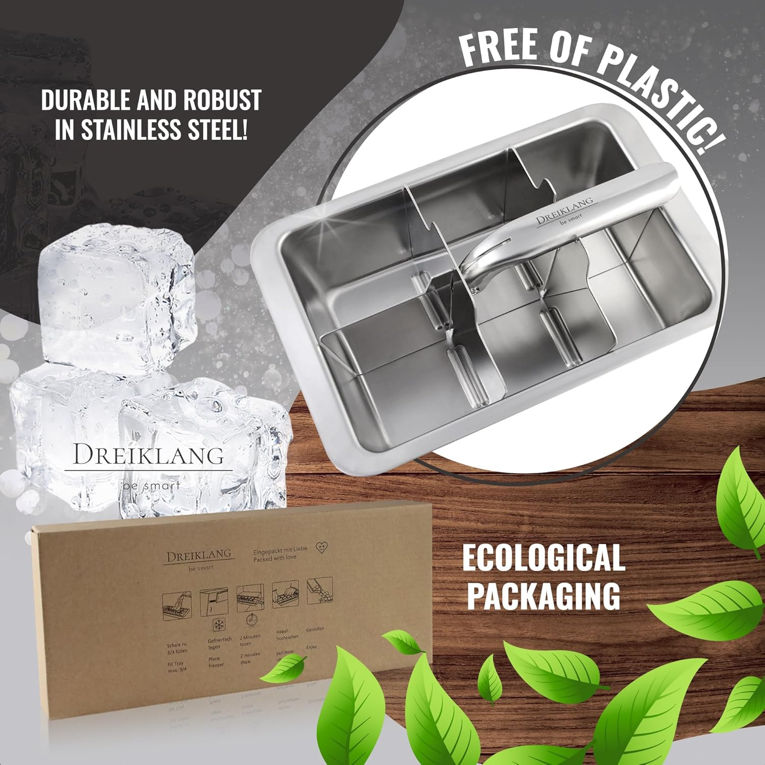 Dreiklang - Be Smart&reg; 18/8 Stainless Steel XXL Ice Cube Tray for Whiskey with Lever Insert for Effortless Removal, Polished, Food-Safe & Durable Cocktail Long Drinks, Alternative to Ice Stones image number 3