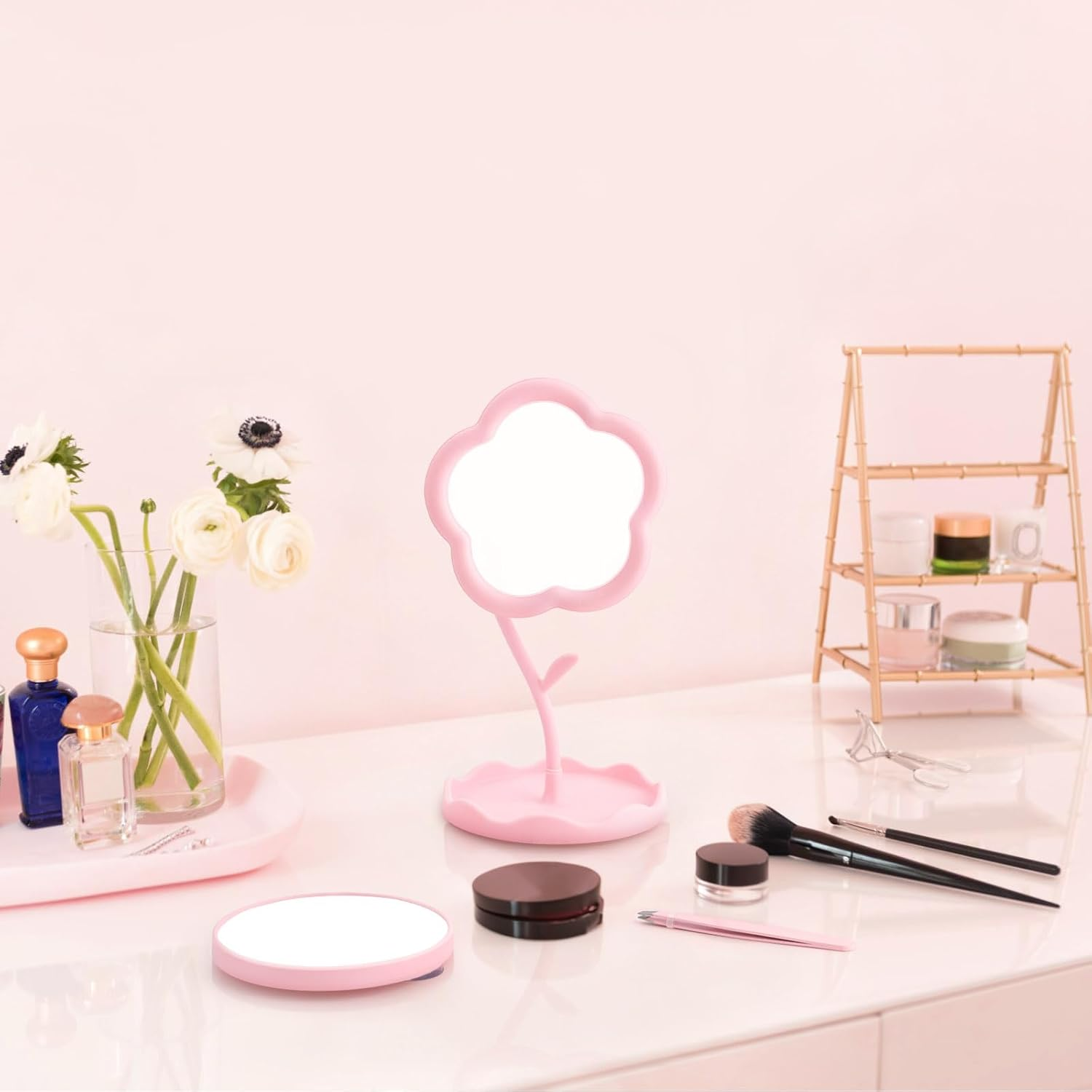 Roucerlin 9 Cm Flower-Shaped Makeup Mirror with Stand Set, 15 X Magnifying Mirror with Suction Cup and Tweezers, Table Mirror Pink for Bedroom, Living Room and Bathroom (Pack of 3) image number 4