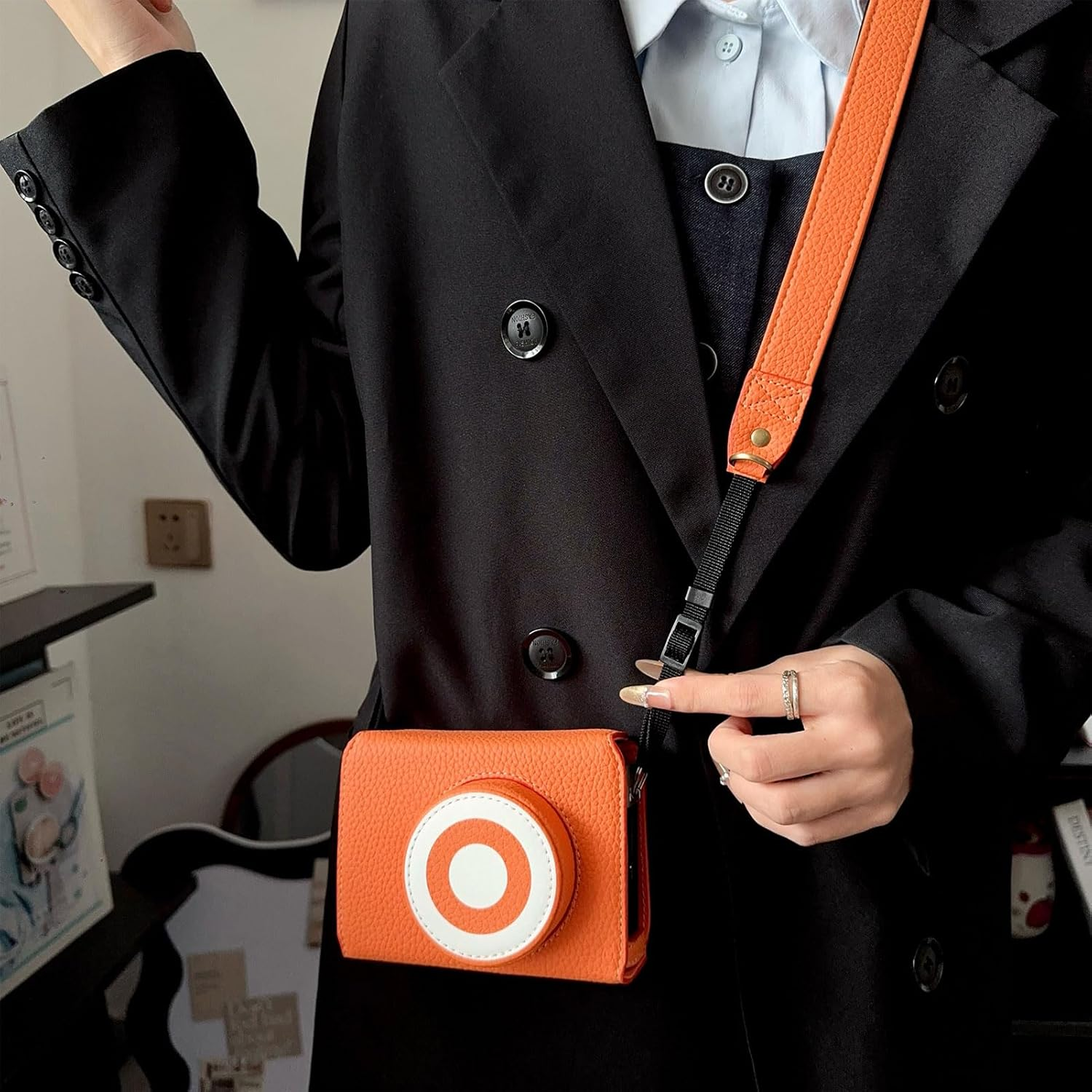 Jectse Camera Case Fit for FUJIFILM XE5, PU Leather Crossbody Camera Bag, Including Half Case Flip Cover and Adjustable Shoulder Strap (Orange) - Black image number 7