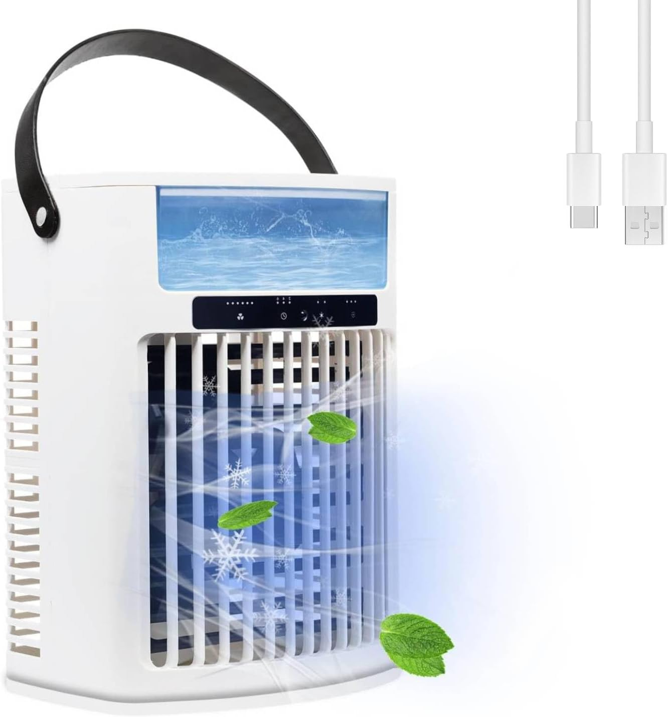 Portable Air Conditioner, 4 in 1 Air Cooler 1000ML Water Tank, Personal Fan 5 Speeds & 3 Spray Modes Timing Evaporative Air Cooler, 7 Color Night Light, Desk Cooling Fan for Bedroom Office Living Room