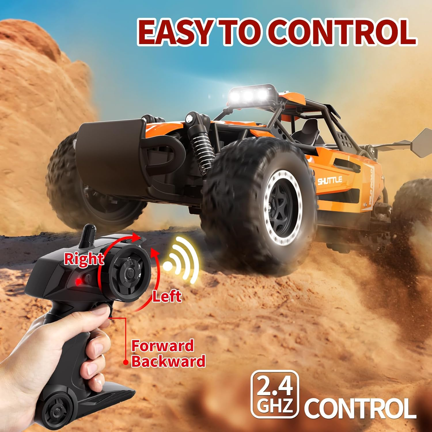 Remote Control Car,1:16 Scale Alloy RC Cars Toys for Boys Kids, 2.4Ghz 4WD Off-Road Vehicle with LED Headlight(Orange) - Black image number 6