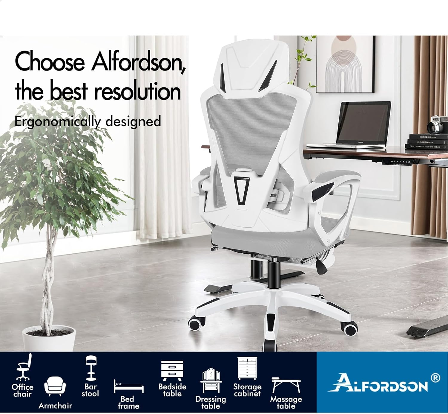 ALFORDSON Ergonomic Mesh Office Chair with Headrest and Footrest, Executive Computer Office Chair with SGS Listed Gas-Lift, Desk Task Gaming Study Student Chair for Max 180Kg, Nova White Grey - White Grey image number 3
