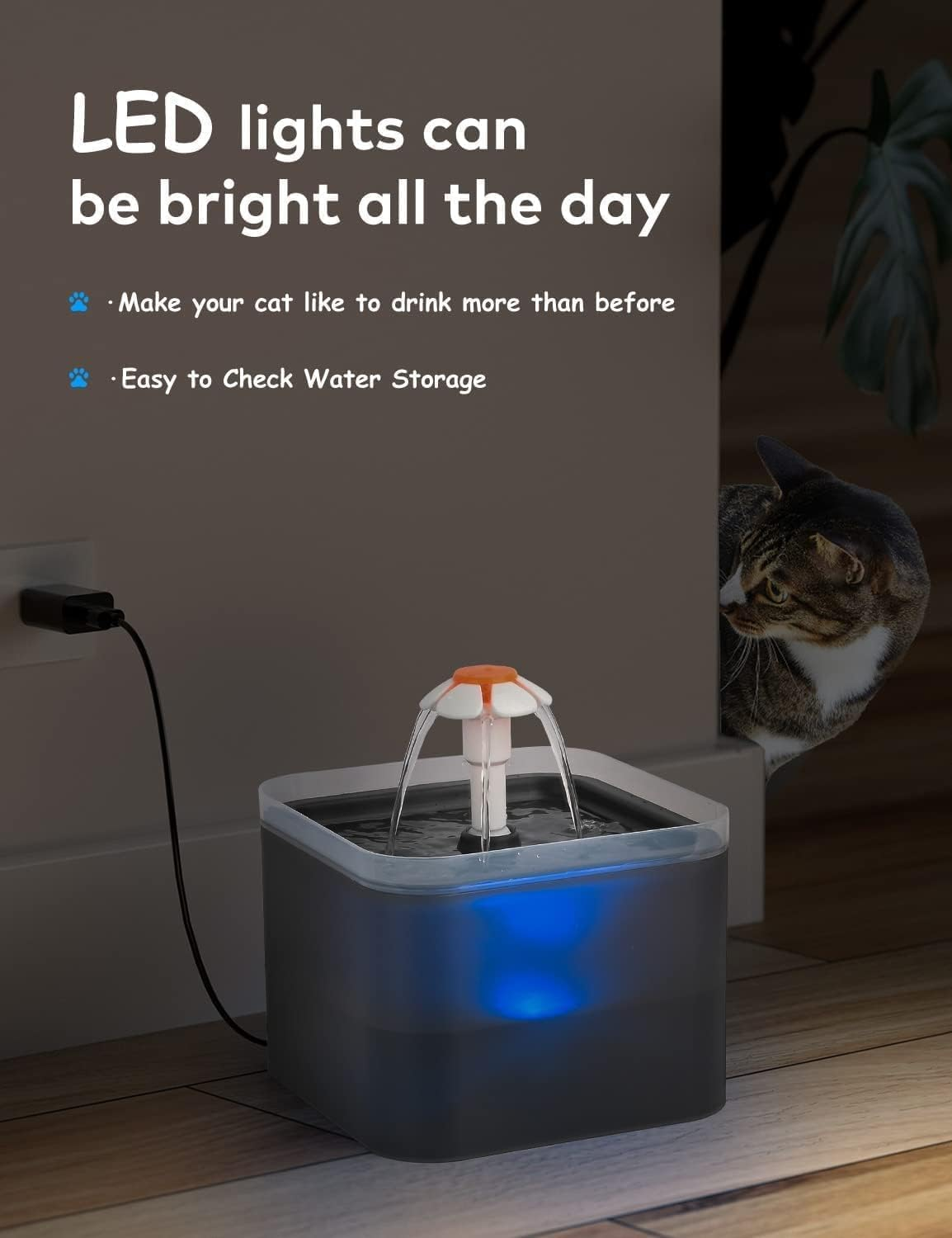 Cat Fountain, 2 L Cat Drinking Fountain, Ultra Quiet Cat Drinking Fountain, LED Light Drinking Fountain, Dog Drinking Fountain, with Activated Carbon Filter and Water Pump image number 1